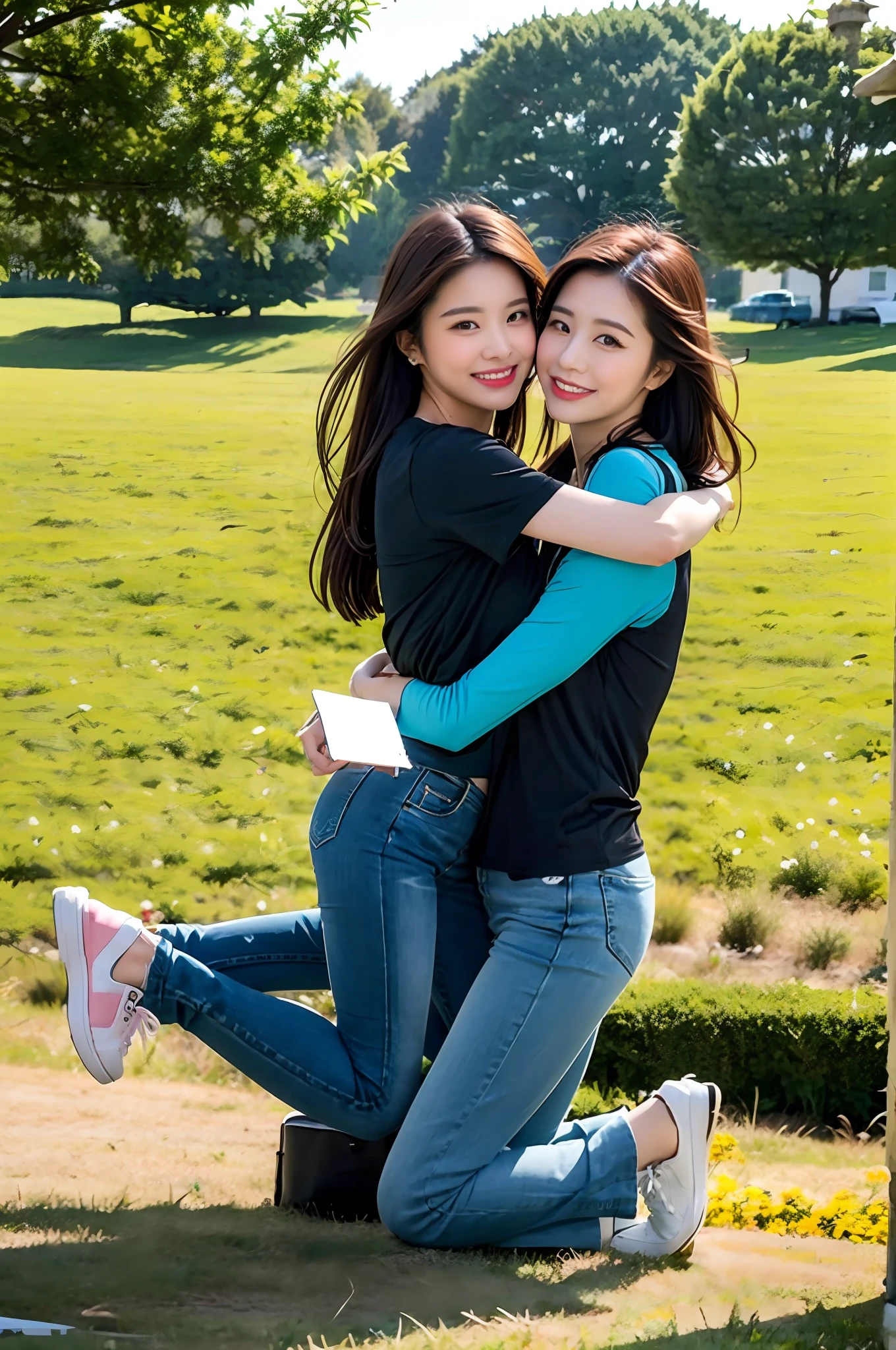 (RAW photogr,超高分辨率,tmasterpiece,best qualtiy:1.4),Complicated details,2 20 year old Korean girl,Wear a loose black T-shirt and skinny jeans,Stand on the grass and take pictures,hugs,Intimate relationships,Detailed meadow,A sweet smile on a small face,The face and skin are pink and fair,Ultra-realistic facial details,Playful and coquettish pose,The calves are straight and slender:1.5,Wear high-end branded colorful travel shoes:1.5,eventide,warm color,Broad lighting,naturalshadow,Shoot from the back,Beautiful waist and hips,taking a full body photo:1.8
