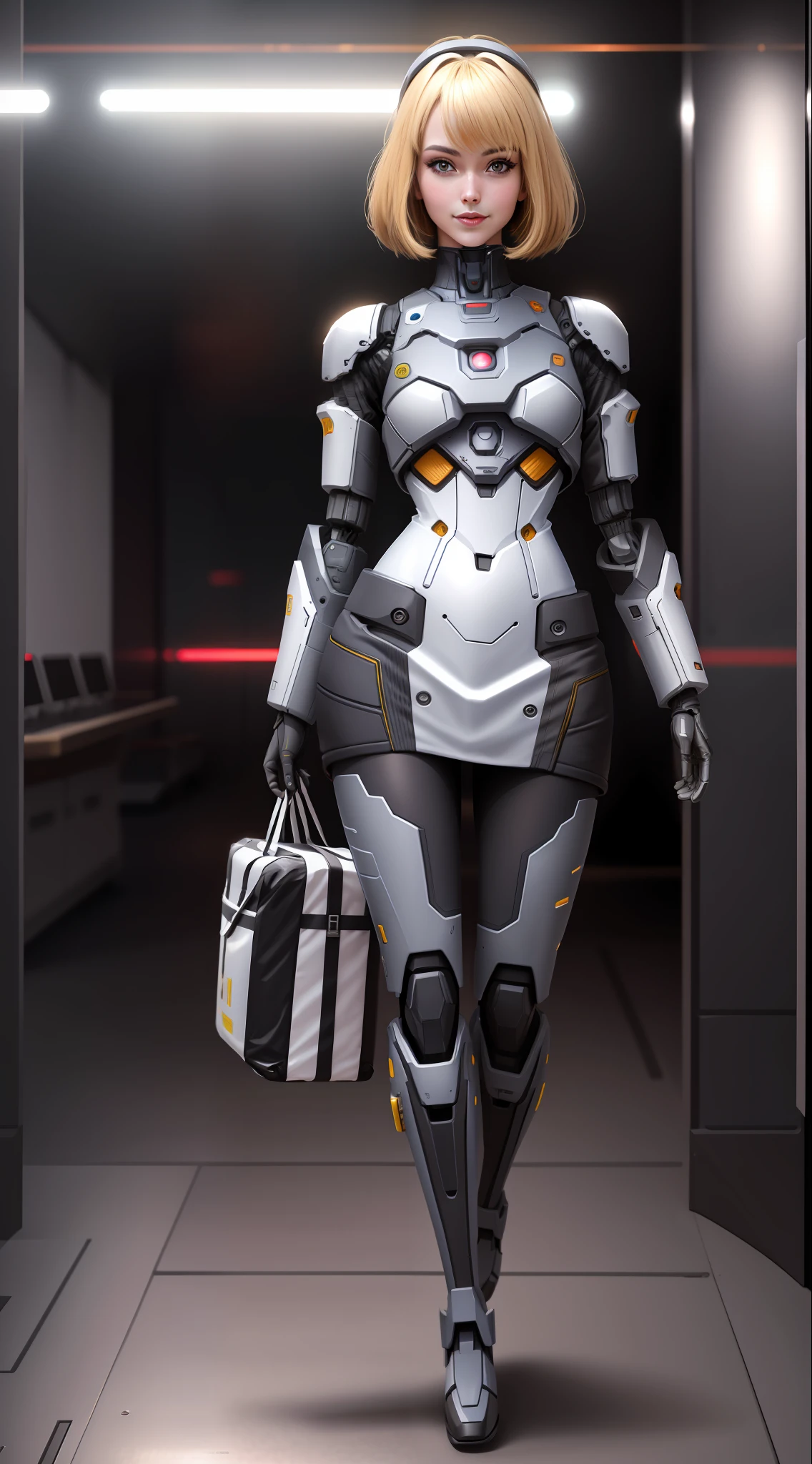 Robot, android, walking in the street, (((professional photo plane perfectly framing the character))), high definition details, 8K, distance image, full body, smile, dress, professional photographic shot perfectly framing the character stand in a party room, high definition, fine details, 8k, hyper realism