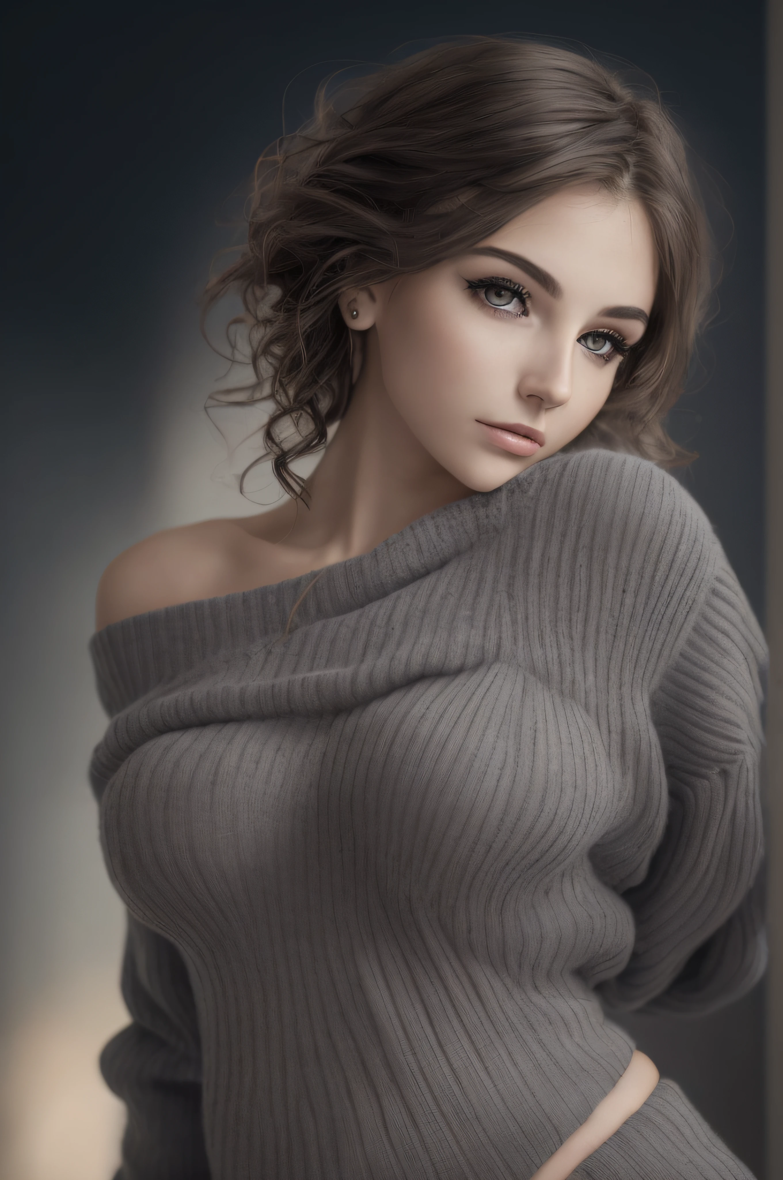 Hypersmoke, dark background,, big boobs,(masterpiece), best quality, extremely detailed, (realistic), ((high detailed skin and eyes)), bloom, delicate and beautiful, studio photo, (from below),(1girl:1.4), (solo:1.2), fit body, large breasts, (ribbed sweater:1.3), off-shoulder sweater, (short shorts:1.2), bare shoulders, (underboob:1.2), ((dark skin:0.8)), beautiful eyes, (disheveled hair ), photography, over-the-shoulder shot, professional, canon camera, nikon camera, sharp, bokeh, studio quality, fisheye lens