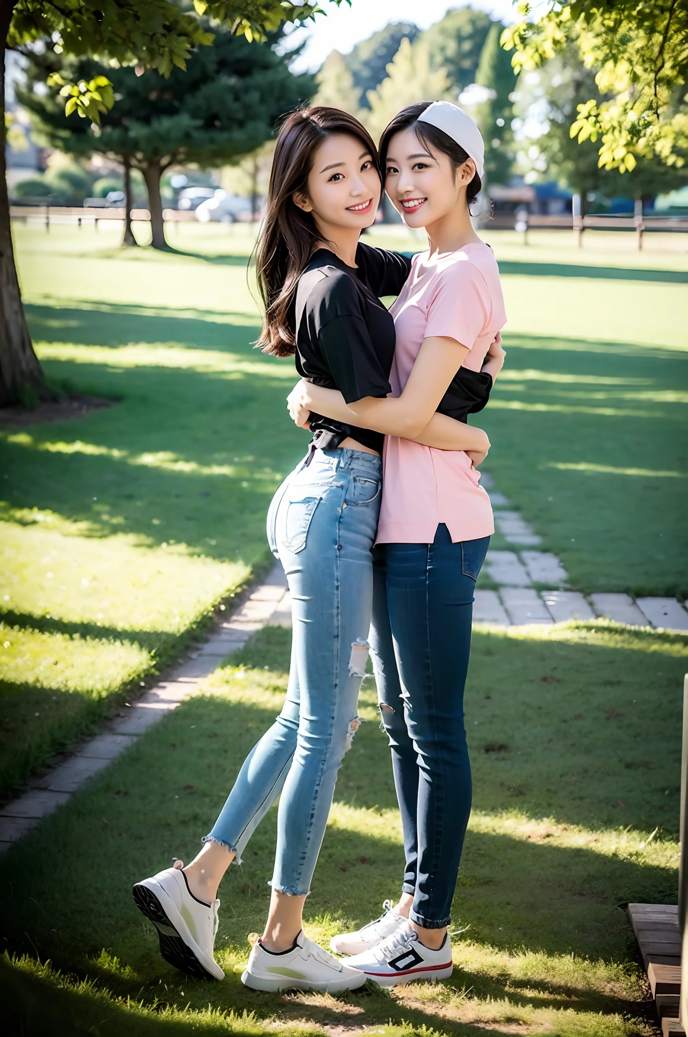 (RAW photogr,超高分辨率,tmasterpiece,best qualtiy:1.4),Complicated details,2 20 year old Korean girl,Wear a loose black T-shirt and skinny jeans,Stand on the grass and take pictures,hugs,Intimate relationships,Detailed meadow,A sweet smile on a small face,The face and skin are pink and fair,Ultra-realistic facial details,Playful and coquettish pose,The calves are straight and slender:1.5,Wear high-end branded colorful travel shoes:1.5,eventide,warm color,Broad lighting,naturalshadow,Shoot from the back,Show the perfect waist and hips,taking a full body photo:1.8