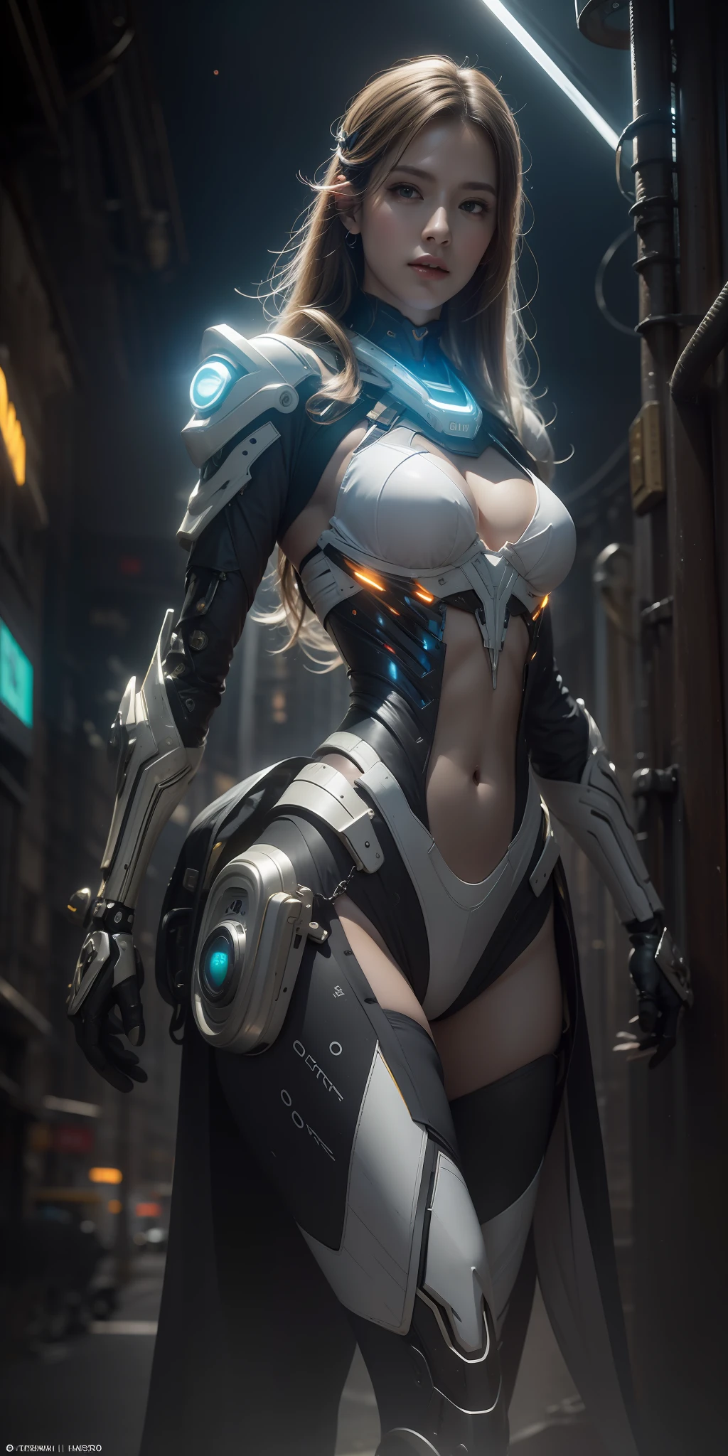 ((obra-prima)), (((melhor qualidade))), ((Ultra Detalhado)), (Awesome: 1.1), ((papel de parede extremamente detalhado da unidade CG 8k)), (8k, Foto RAW, melhor qualidade, obra-prima: 1.2), (realista, Foto realista: 1.4), (renderizado: 1.4), (renderizado: 1.4), Ultra realismo, high-resolution, NVIDIA RTX Ray Tracing, imagem de corpo inteiro, organic female cyborg, leve sorriso, olhando para o espectador, sexual excitement, olhos com heterocromia verdes e azuis, ((mechanical body)), corpo perfeito, quadris largos, defined abdomen, thick legs with defined muscles, seios grandes empinados, Arrepios, pele parda, pele com leve brilho de suor, hero landing position, (Pose sexy), Proportions of mayors, rosto humano, long loose silver hair on display, organic and synthetic parts, white synthetic parts with wear, Worn white plastic, metal cromado, Noite escura ao fundo, Apocalyptic city, dystopian future, Cyberpunk, Postes de luz modernos, Buildings with neon signs, Noite escura, deep dark starry sky, pegue a chave, estrelas cadentes, diffuse lighting, fantasia, intrincado, elegante, altamente detalhado, realista, fotorrealista, Pintura digital, art-station, illustration, arte conceitual, smooth and sharp focus, arte de John Collier e Albert Aublet e Krenz Cushart e Artem Demura, circunstanciado, intrincado, Foto premiada, BLN-L24, exposure, Alto contraste, 8k 3D, cinematic lighthing.