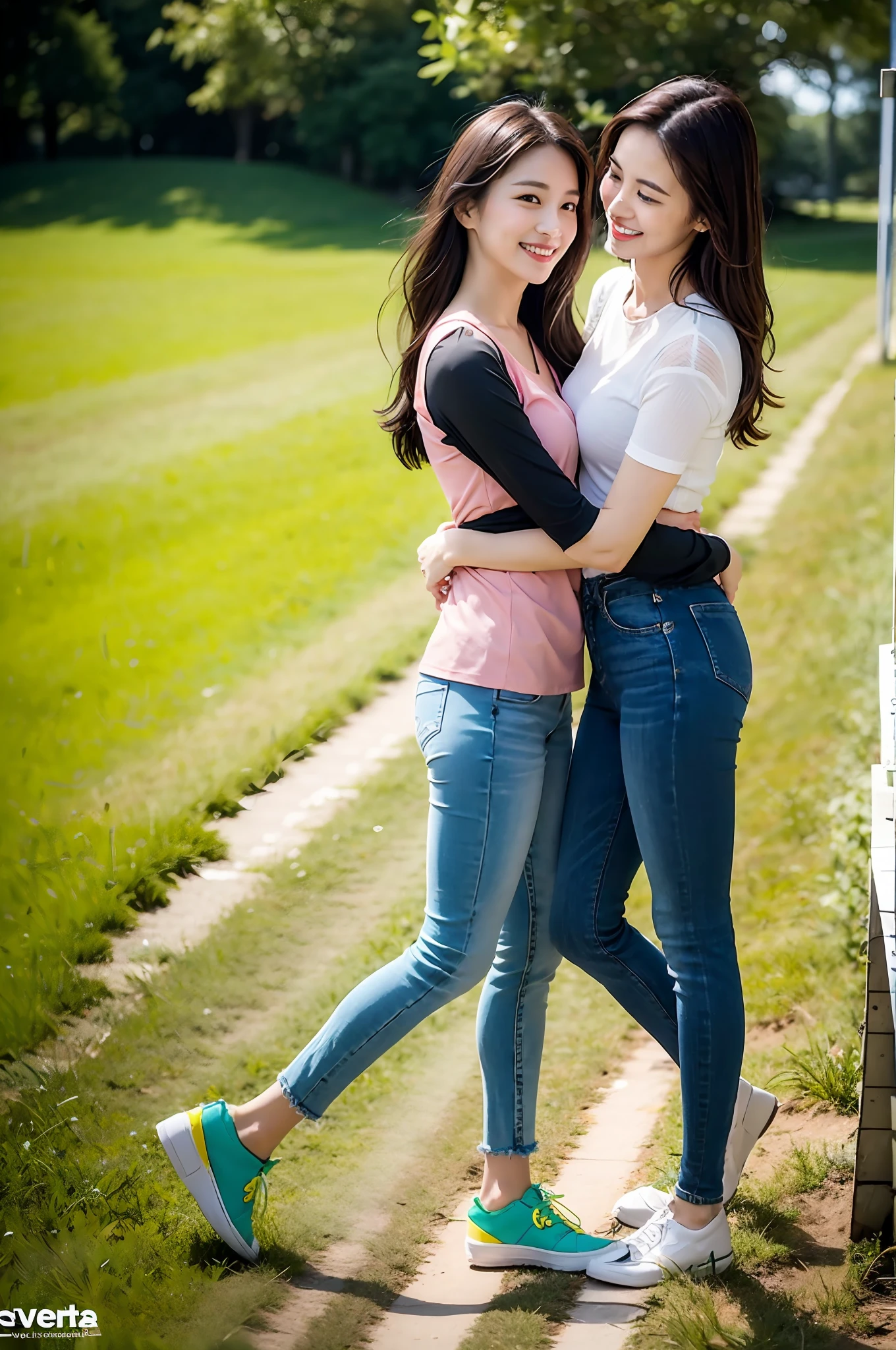 （RAW photogr，超高分辨率，tmasterpiece，best qualtiy：1.4），Complicated details，2 20 year old Korean girl，Wear a loose black T-shirt and skinny jeans，Stand on the grass and take pictures，hugs，Intimate relationships，Detailed meadow，A sweet smile on a small face，The face and skin are pink and fair，Ultra-realistic facial details，Playful and coquettish pose，The calves are straight and slender:1.5，Wear high-end branded colorful travel shoes:1.5，eventide，warm color，Broad lighting，naturalshadow，Shoot from the back，Show the perfect waist and hips，taking a full body photo:1.8