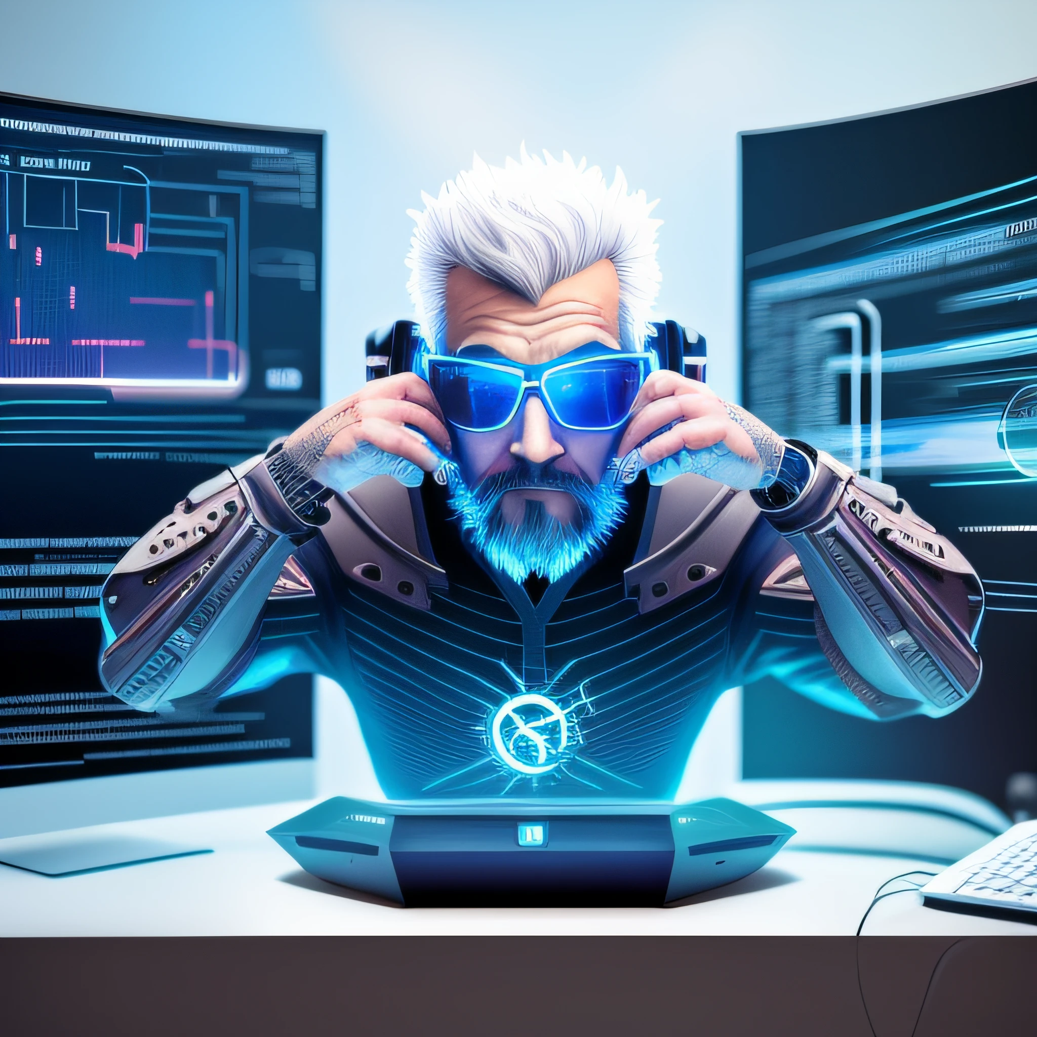 Man with glasses and beard sitting in front of a computer, Velho cyberpunk, futuro homem codificador olhando para, Cybernetic style, hacker cyberpunk, Typical cryptocurrency nerd, Cybersyn, tem estilo cyberpunk, codificador criativo com um computador, no estilo cyberpunk, em cyber punk 2077, estilo cyber universe, zen méditation cyberpunk