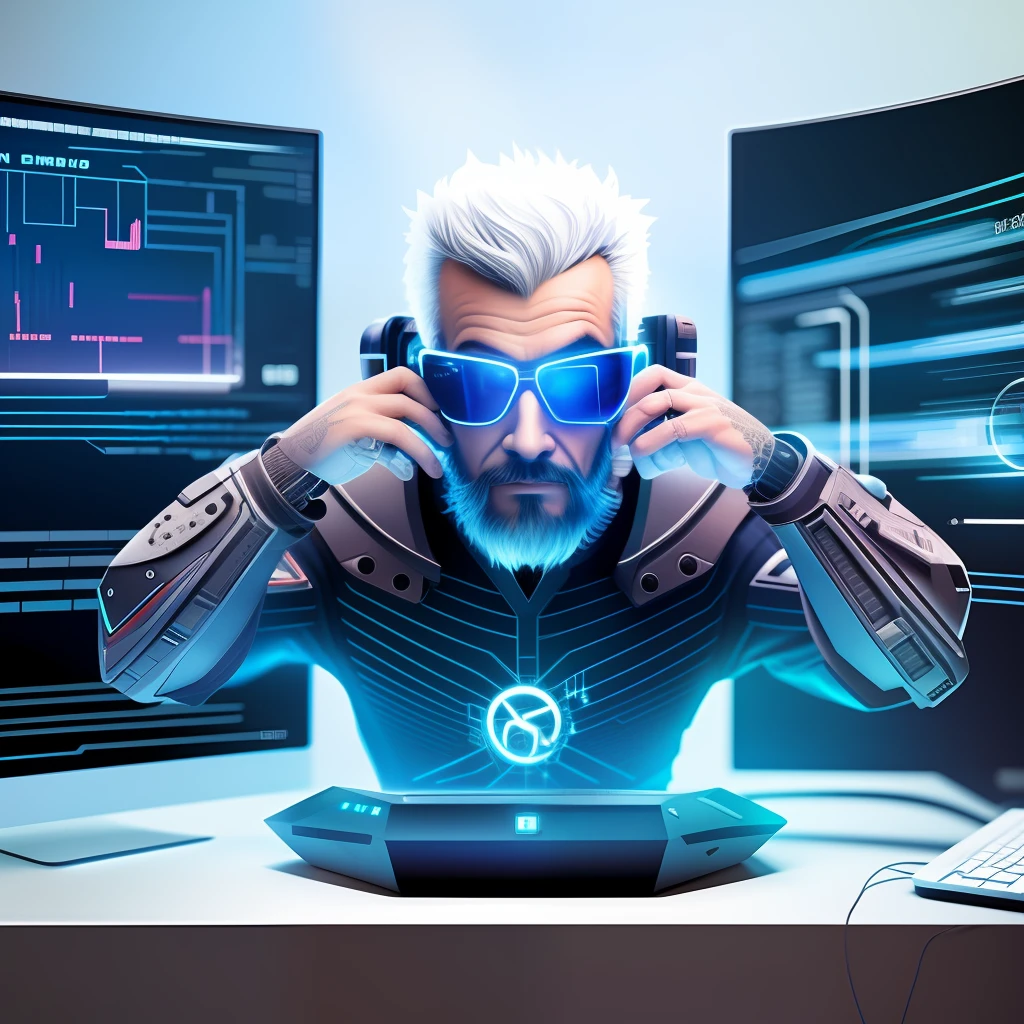 Man with glasses and beard sitting in front of a computer, Velho cyberpunk, futuro homem codificador olhando para, Cybernetic style, hacker cyberpunk, Typical cryptocurrency nerd, Cybersyn, tem estilo cyberpunk, codificador criativo com um computador, no estilo cyberpunk, em cyber punk 2077, estilo cyber universe, zen méditation cyberpunk