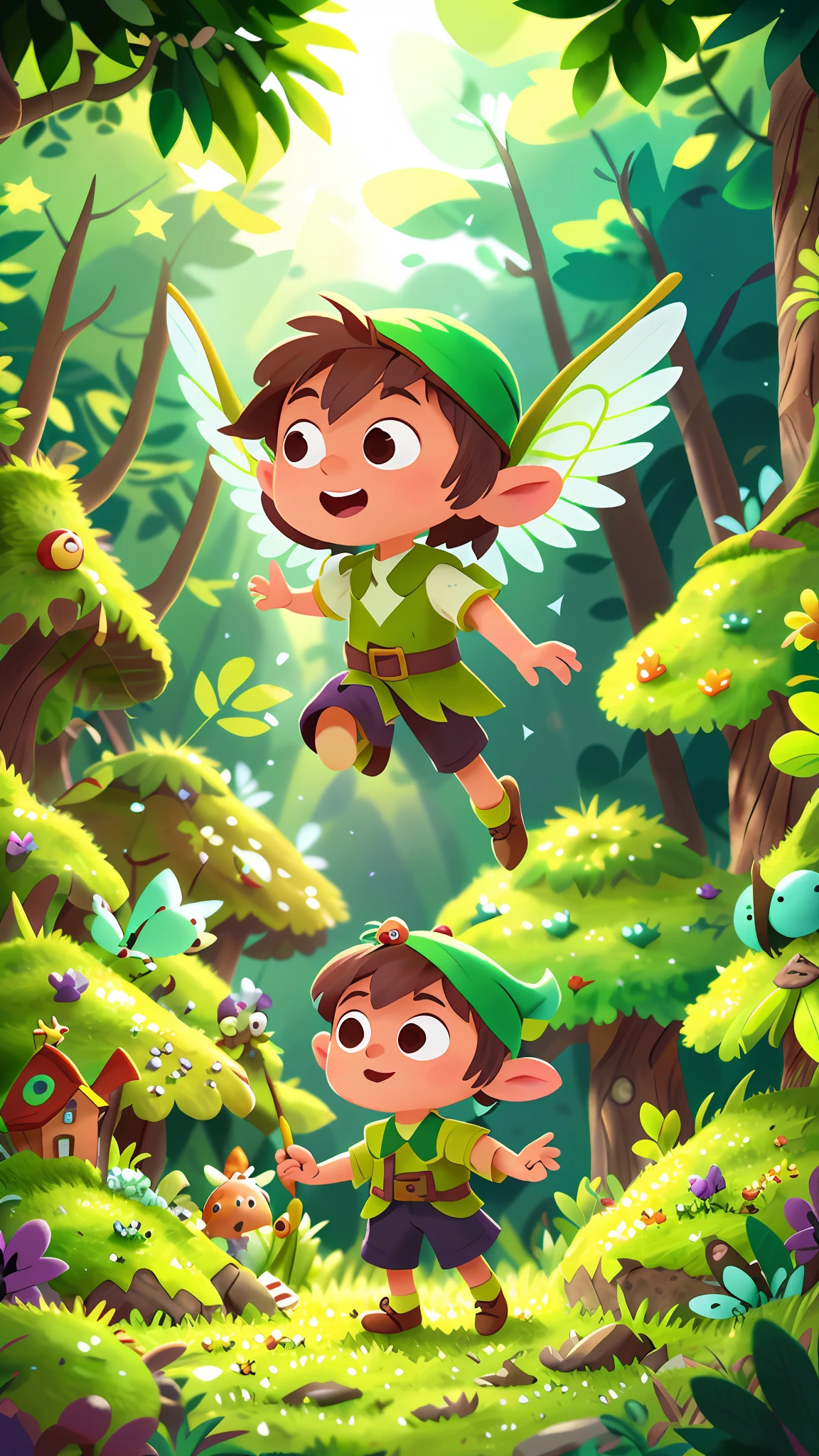 A small elf, with pointed ears, magical wings, wearing a green outfit and a green hat, flying in the middle of the forest, perfect quality, clear focus (mess - house: 0.8), (masterpiece: 1.2) (Realistic: 1.2) (Bokeh) (Best quality) (Detailed Skin: 1.3) (Intricate Details) (8K) (Eye Detail) (Sharp Focus)