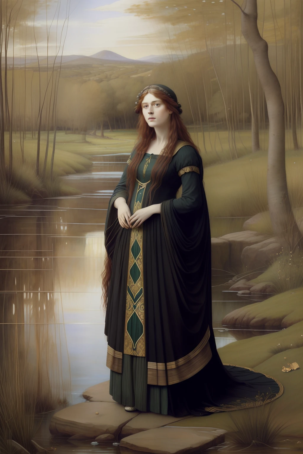 (((Pre-Raphaelite painting))), Willow in a swamp, bruxa celta, feiticeira velha, sorcery, CAULDRON, Magia Celta, lua crescente, paisagem celta, Salgueiro chorando, Golden Goblet, mulher velha, Granny, bruxa, ((ramos de salgueiro caindo))"