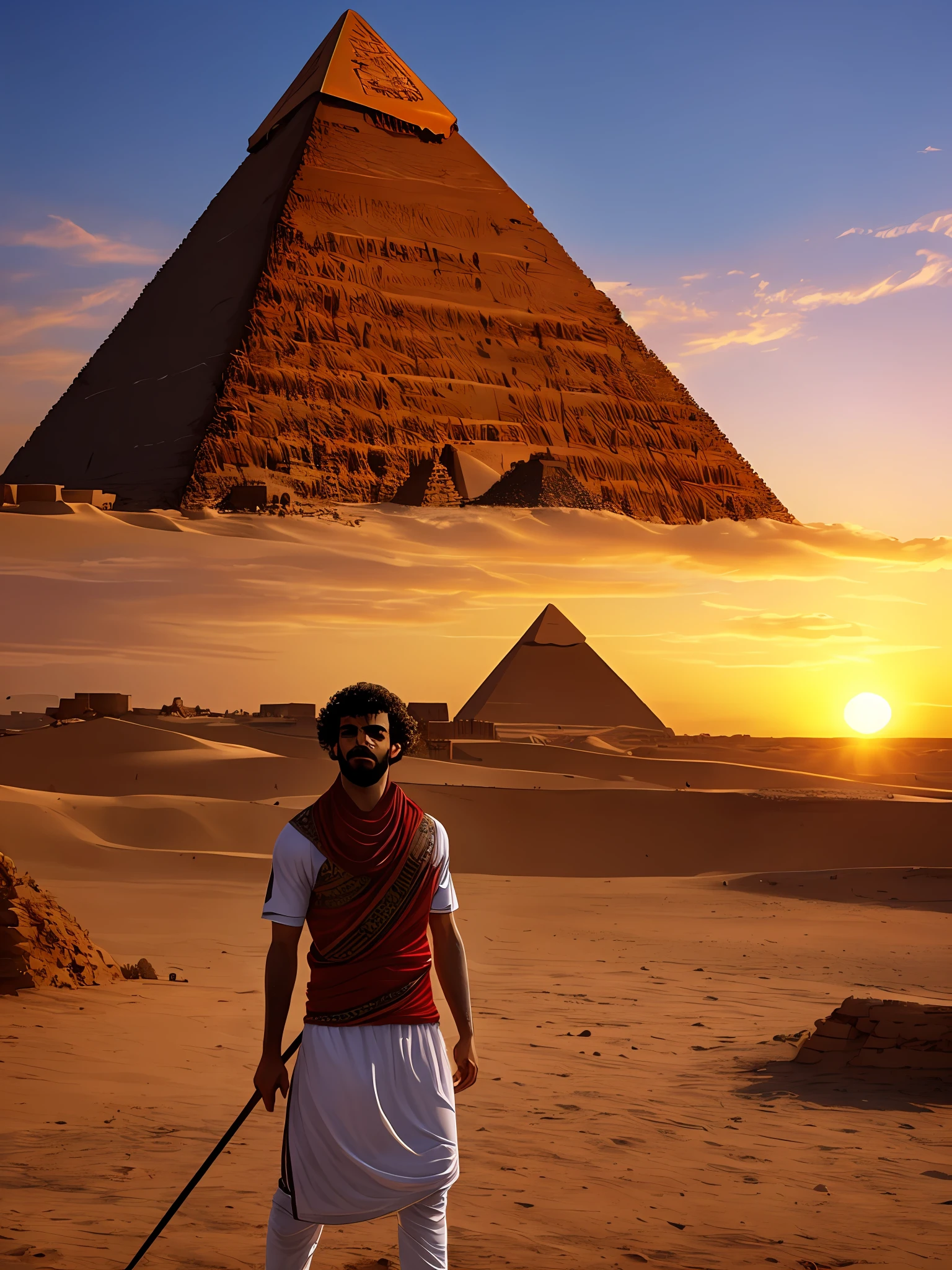 Imagine the sunset and the pyramids in the background, and the player Mohamed Salah appears in the picture, wearing pharaonic clothes --auto