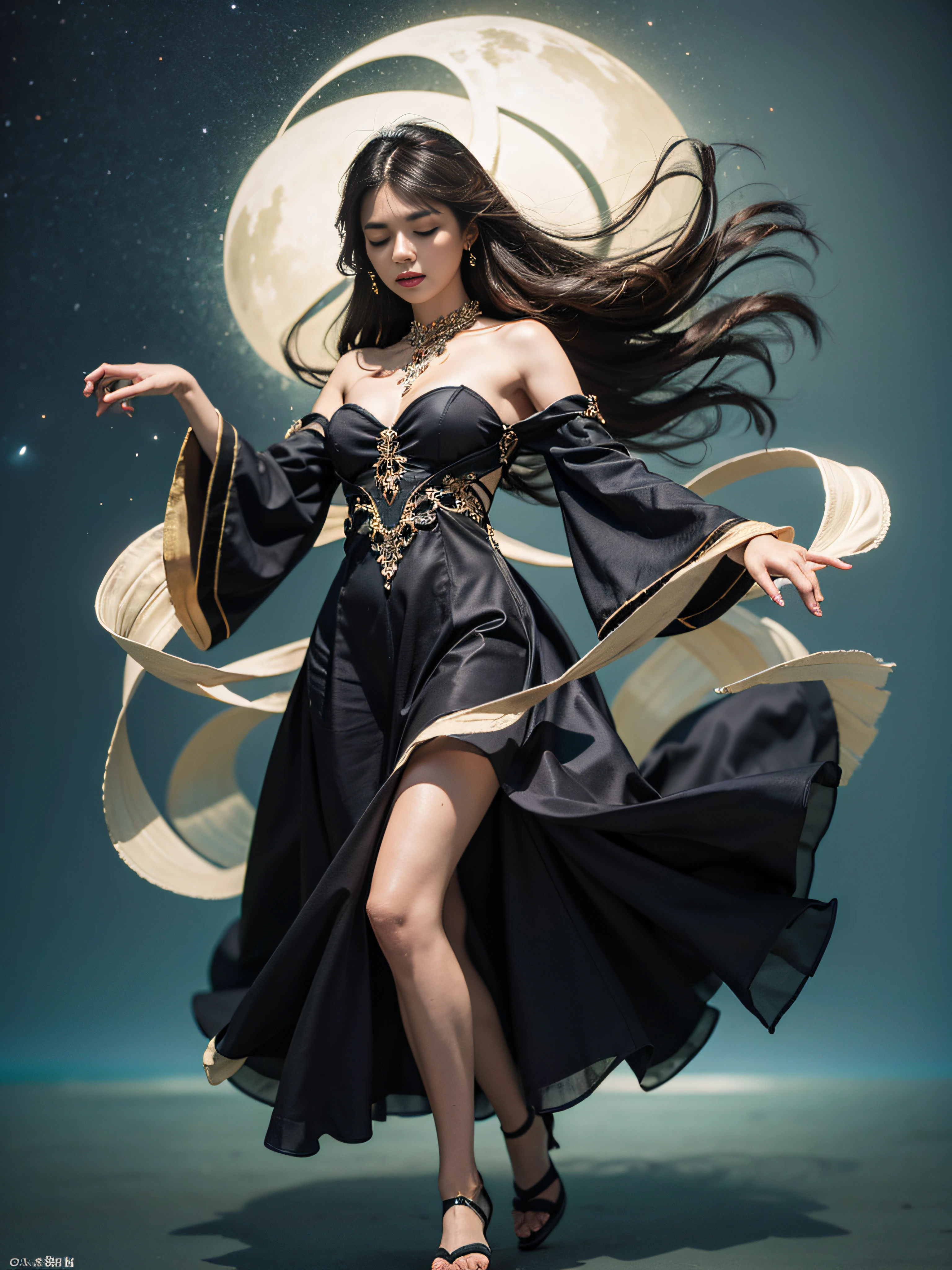 (巨作:1.3),(Best quality:1.2),8K,absurderes,(Extremely detailed:1.3),supreme,Dancing, 1girll,[[[on 1 hand only four fingers + 1 thumb]]],  Solo, Long hair, Brown hair, Black hair, dress, Bare shoulders, Full body, Closed eyes, black shadows,(Ethereal:1.4),Floating,(floating long dress:1.3)