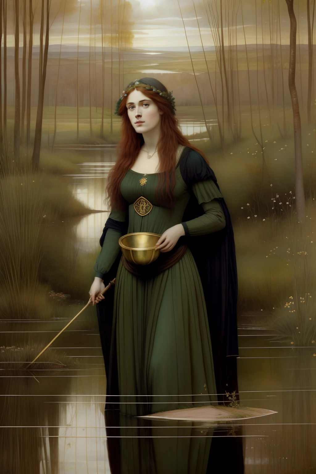 (((Pre-Raphaelite painting))), Willow in a swamp, Celtic witch holds a golden chalice and a magic wand, feiticeira, sorcery, CAULDRON, Magia Celta, lua crescente, paisagem celta, salgueiro"