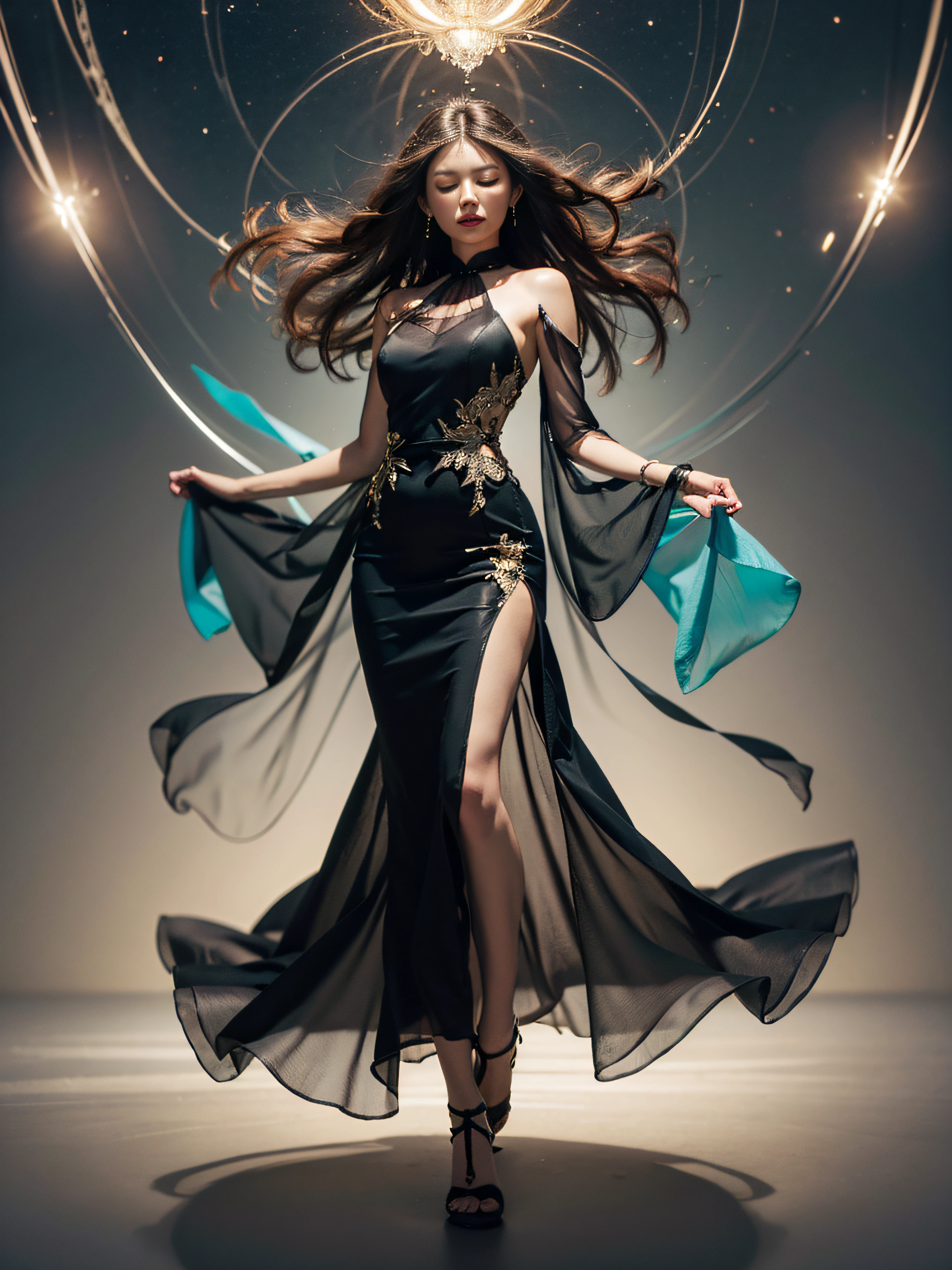 (巨作:1.3),(Best quality:1.2),8K,absurderes,(Extremely detailed:1.3),supreme,Dancing, 1girll,[[[on 1 hand only four fingers + 1 thumb]]],  Solo, Long hair, Brown hair, Black hair, dress, Bare shoulders, Full body, Closed eyes, black shadows,(Ethereal:1.4),Floating,(floating long dress:1.3)