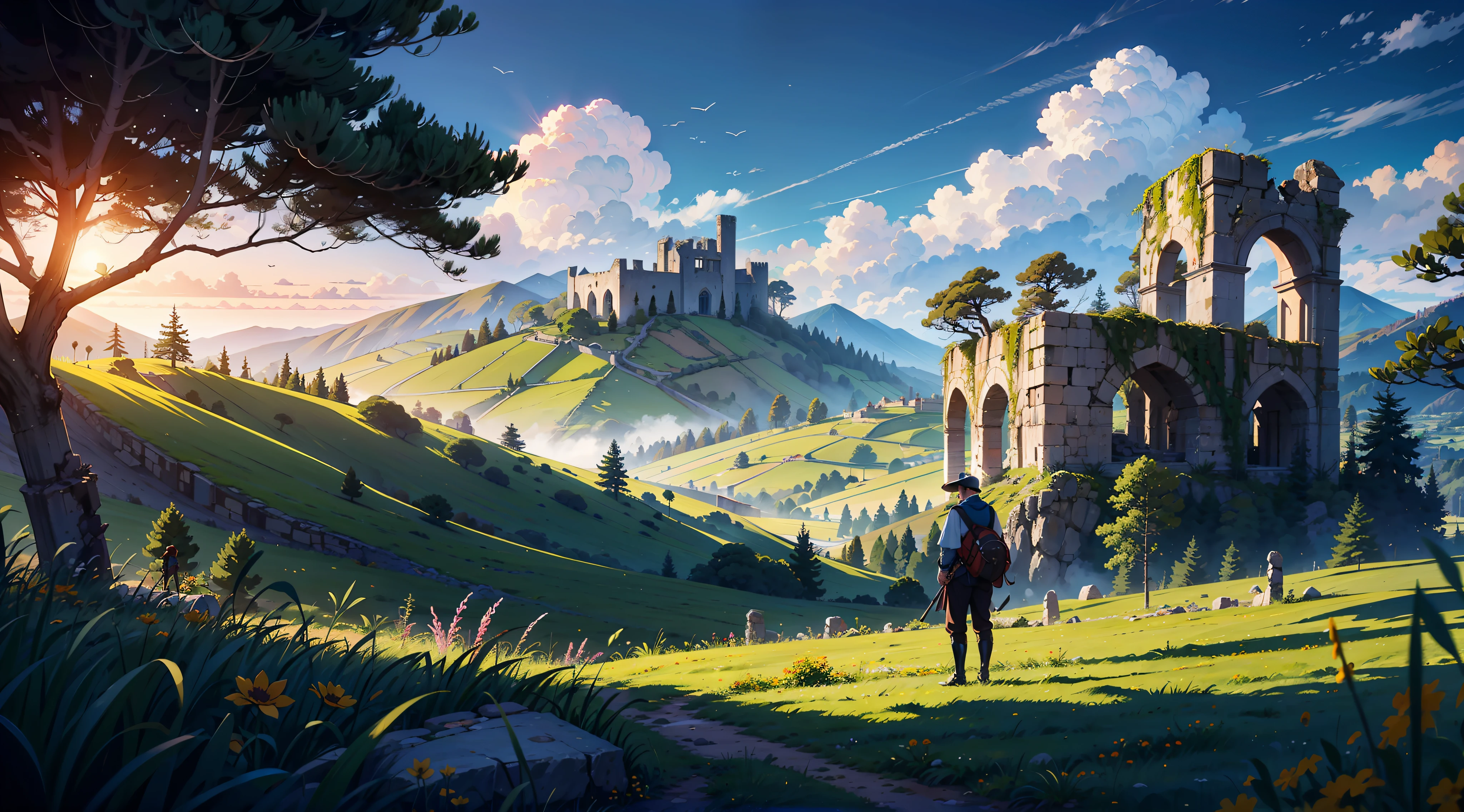 1 homem, sozinho, um guerreiro medieval, Watching an ancient ruined castle in pieces in the distance, pequenas montanhas ao longe, beautiful sky, Anatomia masculina, campos verdes, cercas de madeira, pine trees, tempos medievais