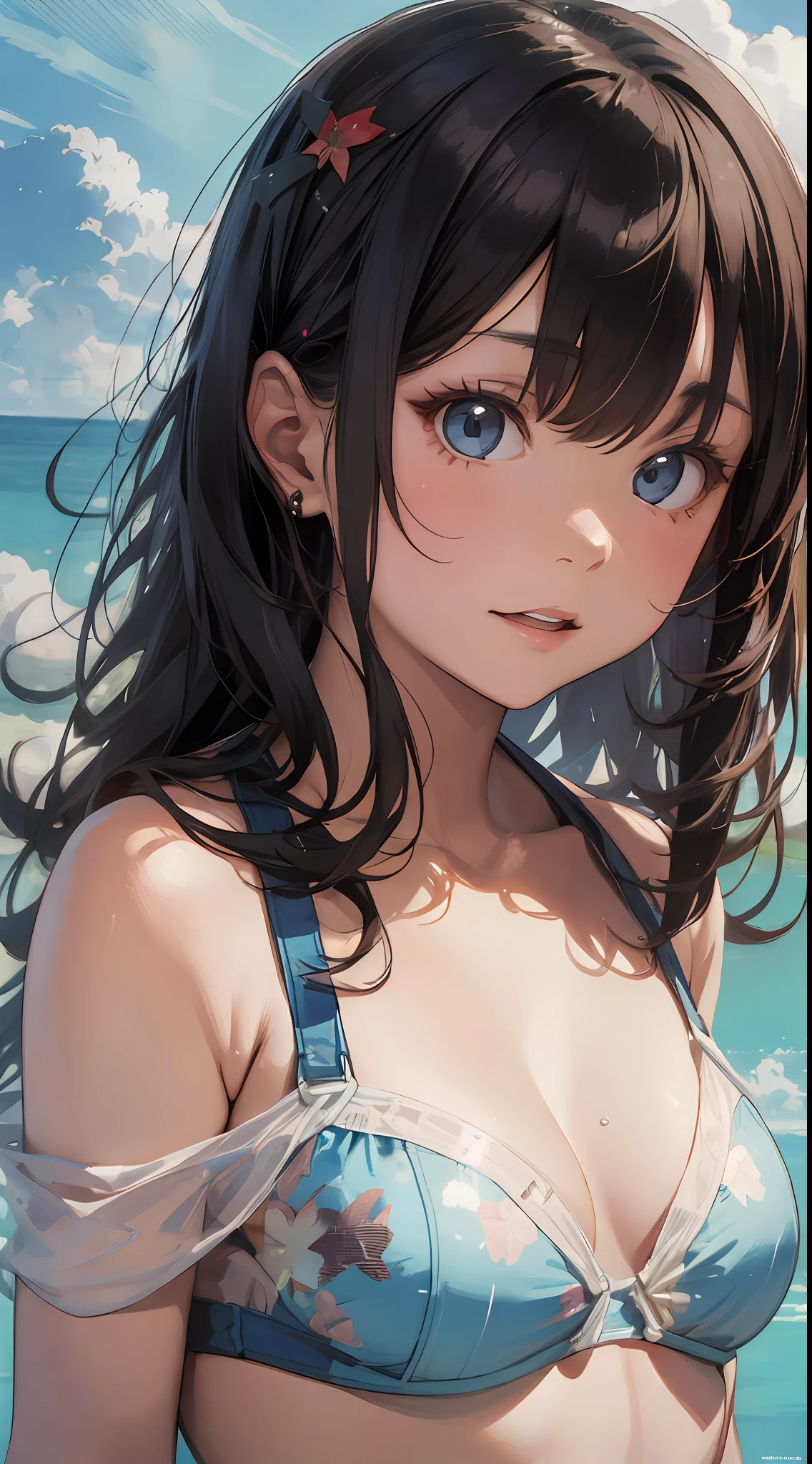 Antonio Lopez、Chuck Close、Ron Mueck、Richard Estes、Inspired by Marilyn Minter's technique、Surreal portrait of Japan middle school student wearing white off-the-shoulder bikini on the beach in Palau。