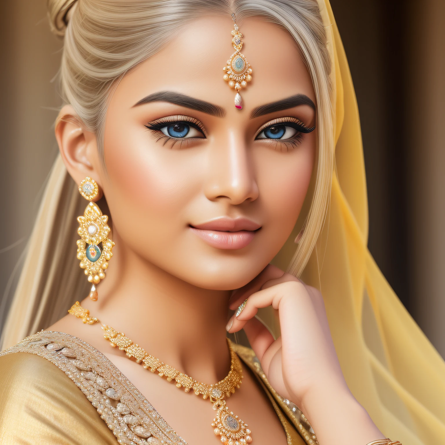 wear Saree criss cross sitting, a bindi on the center of the forehead, gorgeous royal temple, jewelry, gem, necklace, gold bracelet, anklets, thick lips, hands on lips, skindentation, parted lips, (detailed eyes), (seductive pose),  ulzzang-6500-v1.1, (large breast:1.2), , thick eyelashes, long eyelashes, light blonde hair, Ponytail, blue eye, 

HDR, shallow depth of field, broad light, backlighting, bloom, light sparkles, chromatic aberration, sharp focus, Nikon Z 85mm

unparalleled masterpiece, ultra-realistic 8k photos, best quality masterpiece, best quality, (photorealistic:1.2),  (realistic:1.5), (hyperrealistic:1.2),(photorealistic face:1.2) --auto