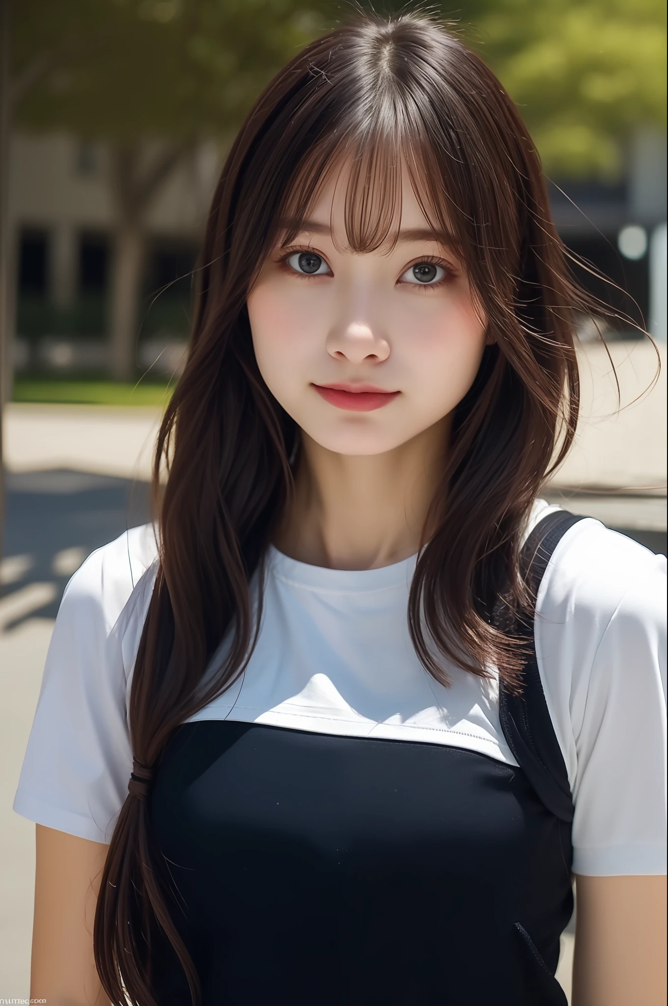 (8K, 4K, Best Quality, High Definition, Ultra High Definition: 1.1), (Masterpiece, Realistic, Photorealistic: 1.1), One Girl, Japan Person, Cute, College Student, Black Hair Short, White Short Sleeves, Background Blur, Light Clothing, Background Simple