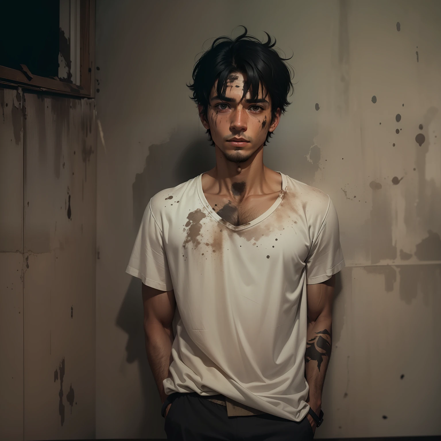 man with short, dirt-streaked black hair, dirt-smeared face, plain white shirt, standing inside a small, dark night room