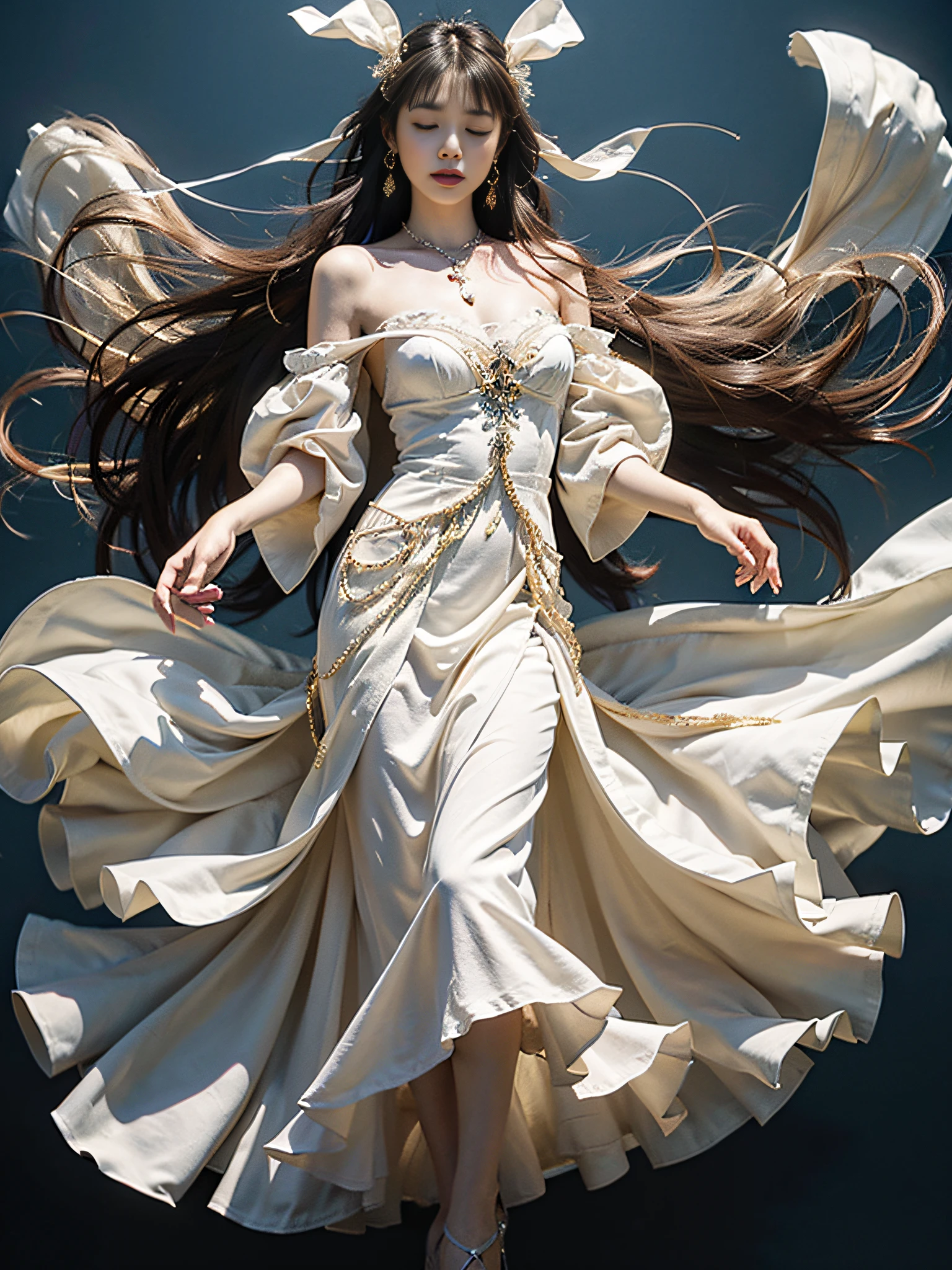 ultra high res,dunhuang，(巨作:1.3),(Best quality:1.2),8K,absurderes,(Extremely detailed:1.3),supreme,Dancing, 1girll,[[[on 1 hand only four fingers + 1 thumb]]],  Solo, Long hair, Brown hair, Black hair, White dress, Bare shoulders, Full body, Closed eyes, black shadows,(Ethereal:1.4),Floating,(floating long dress:1.3)