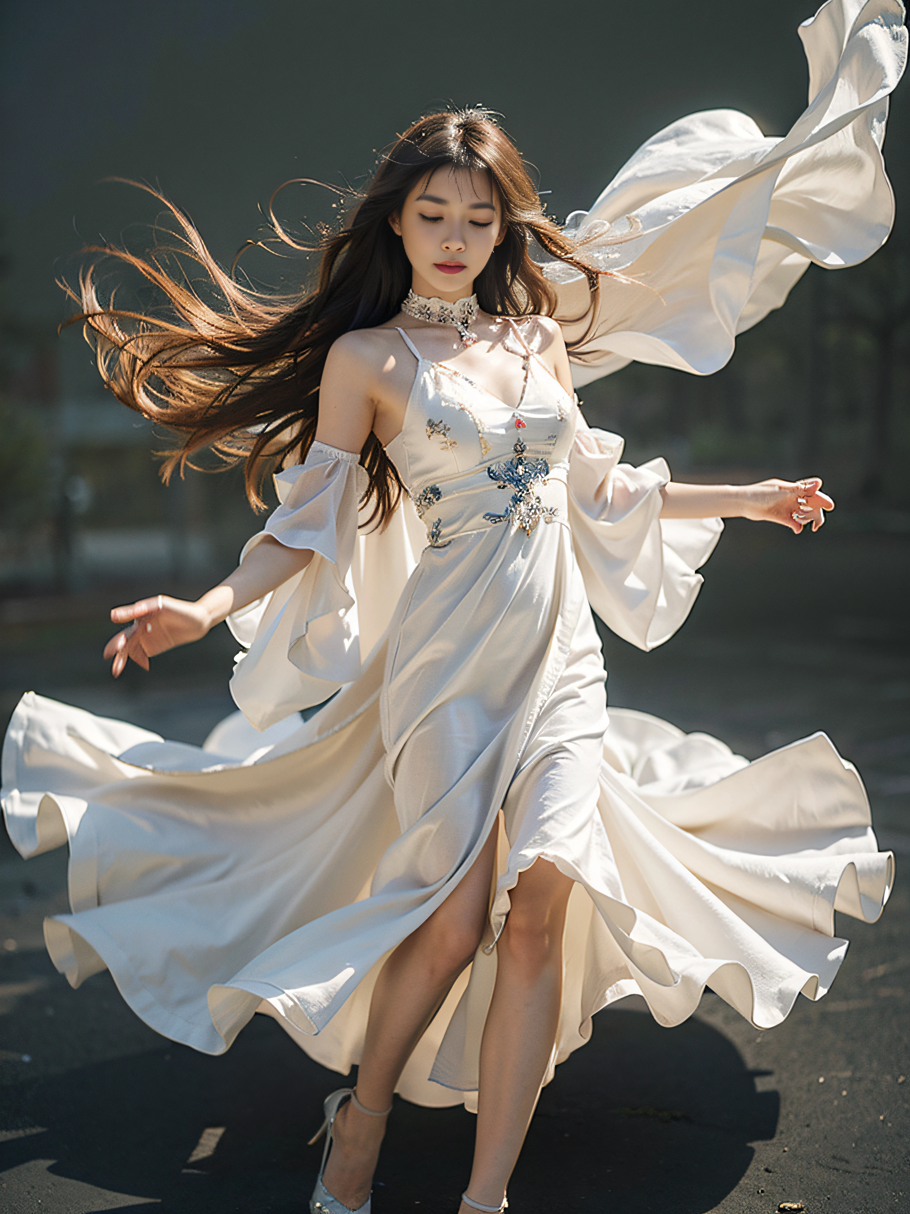 ultra high res,dunhuang，(巨作:1.3),(Best quality:1.2),8K,absurderes,(Extremely detailed:1.3),supreme,Dancing, 1girll,[[[on 1 hand only four fingers + 1 thumb]]],  Solo, Long hair, Brown hair, Black hair, White dress, Bare shoulders, Full body, Closed eyes, black shadows,(Ethereal:1.4),Floating,(floating long dress:1.3)