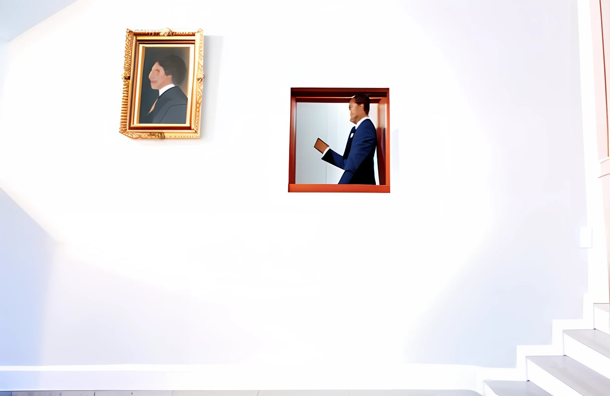 man in a blazer walking down the steps inside a luxury mansion