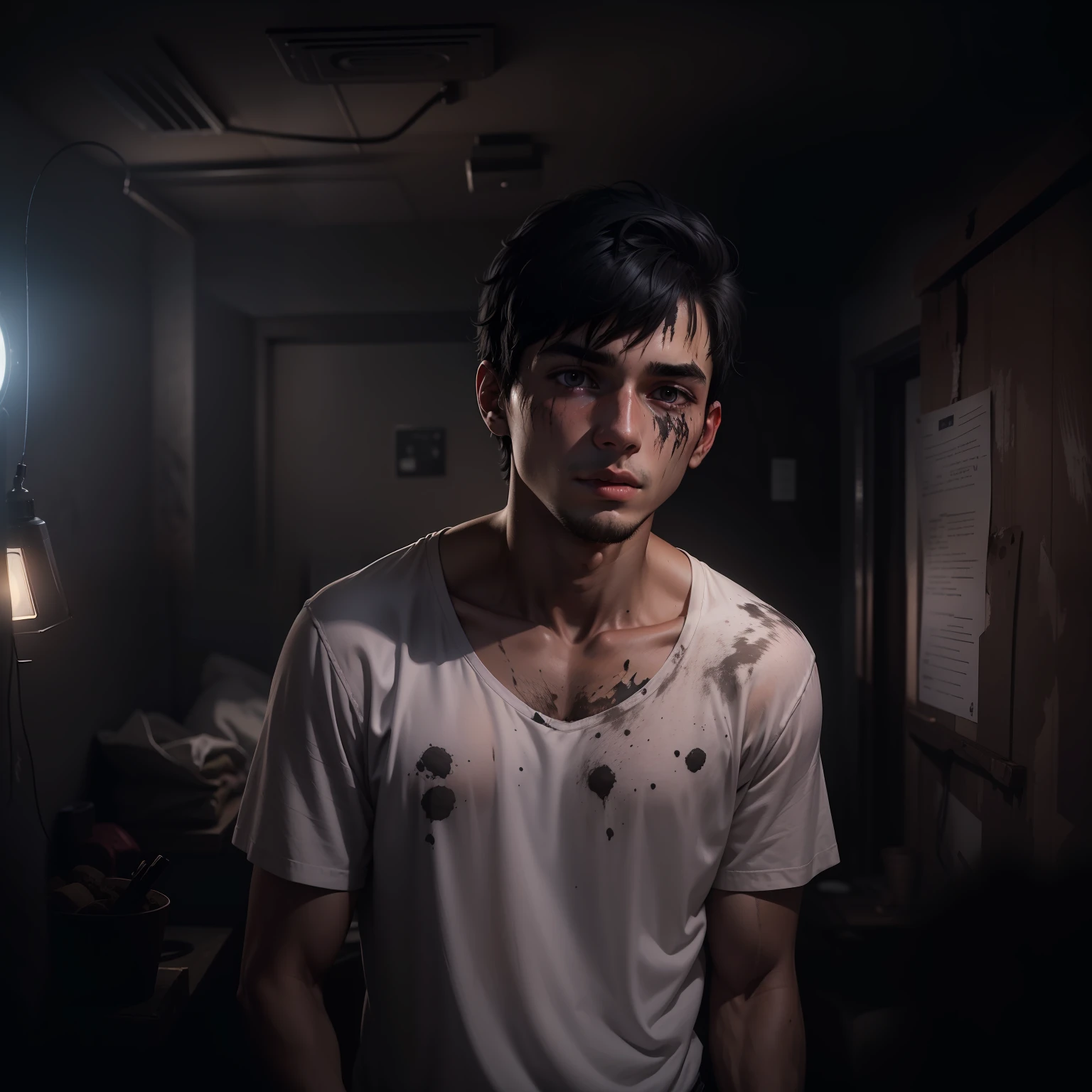 25-year-old male with short, dirt-streaked black hair, dirt-smeared face, plain white shirt, standing inside a small dark room in a nocturnal environment