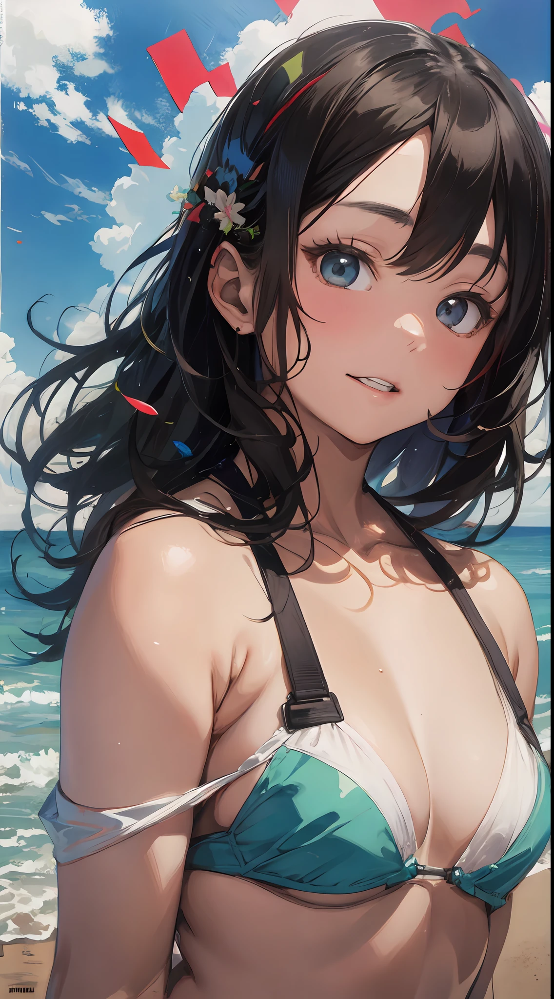 Antonio Lopez、Chuck Close、Ron Mueck、Richard Estes、Inspired by Marilyn Minter's technique、Surreal portrait of Japan middle school student wearing white off-the-shoulder bikini on the beach in Palau。
