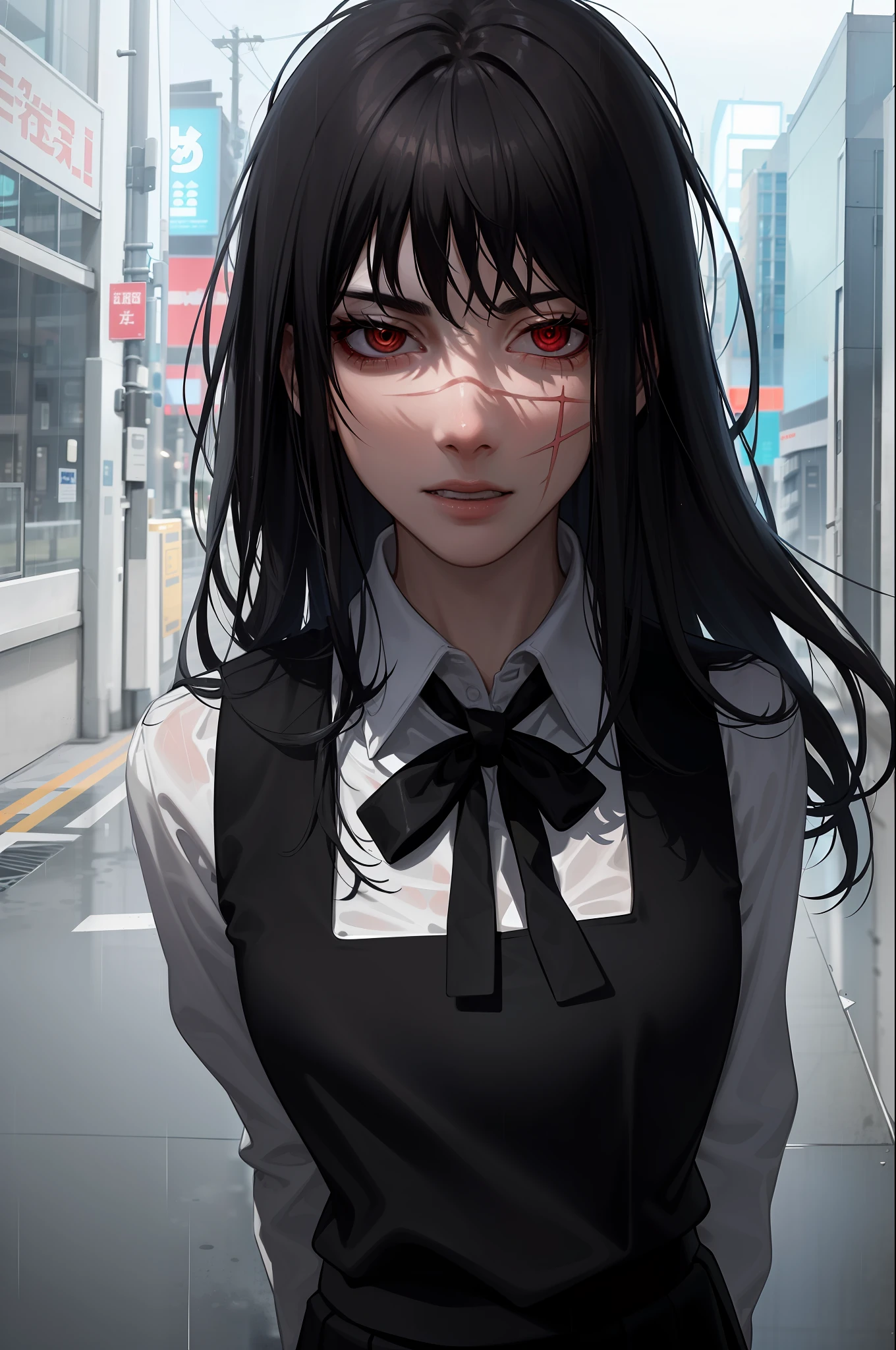 (ultra-detailed, CG ,unity ,8k wallpaper),(masterpiece),(realistic),(photorealistic:1),(raw photo:1), (best quality:1), (detailed face :1),(beautiful detailed eyes :1),(detailed hair),light on face ,cinematic lighting
1 girl,yoru \(chainsaw man\),red eyes,((school uniform, black pinafore dress, shirt, black neck ribbon, long sleeves)),long hair, black hair, (messy hair), (expressionless eyes), perfect teeth,(background:cyberpunk Tokyo with heavy rain ,conflagration1.6)
pov,facing viewer