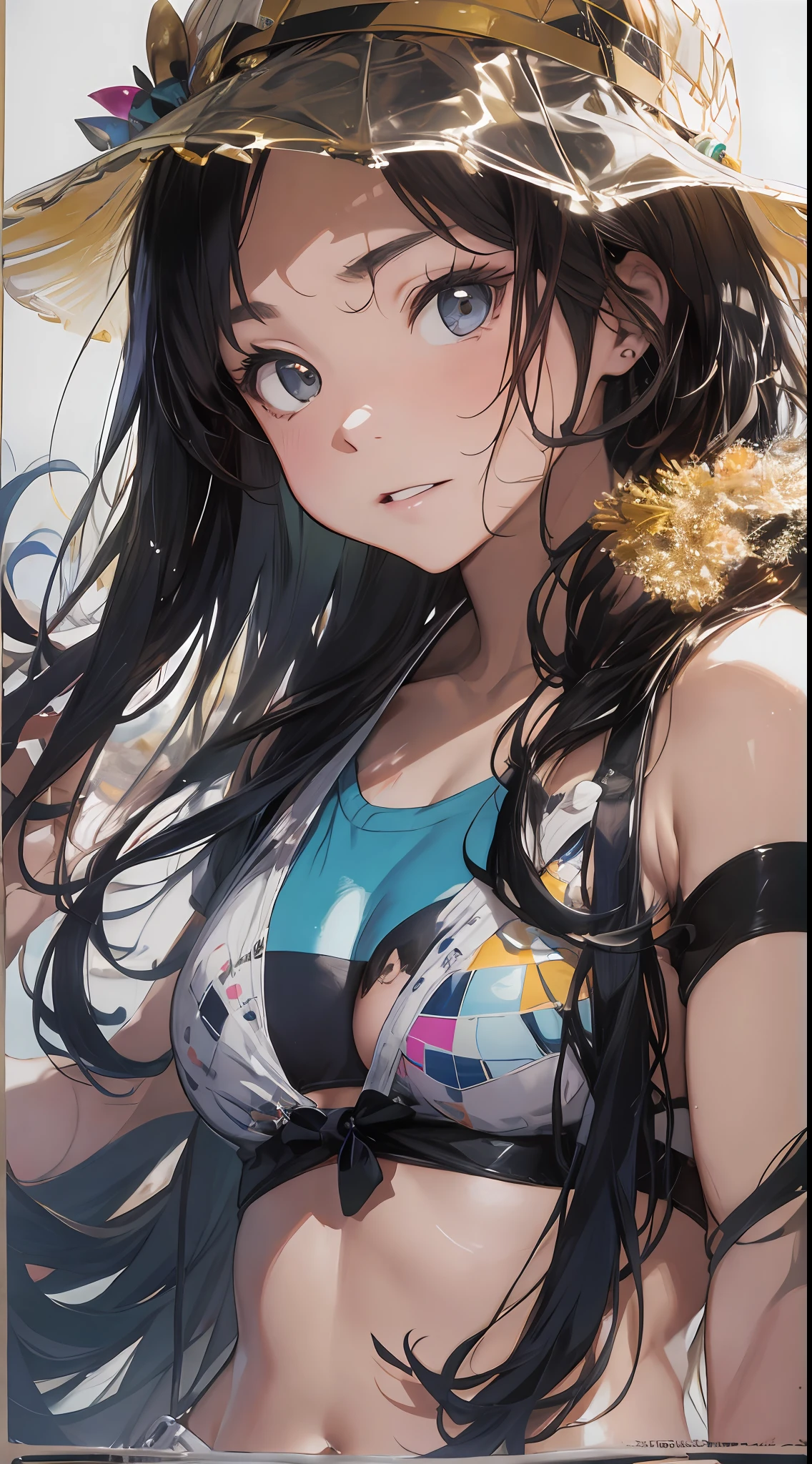 Antonio Lopez、Chuck Close、Ron Mueck、Richard Estes、Inspired by Marilyn Minter's technique、Surreal portrait of Japan middle school student in white off-the-shoulder bikini on the beach in Palau。