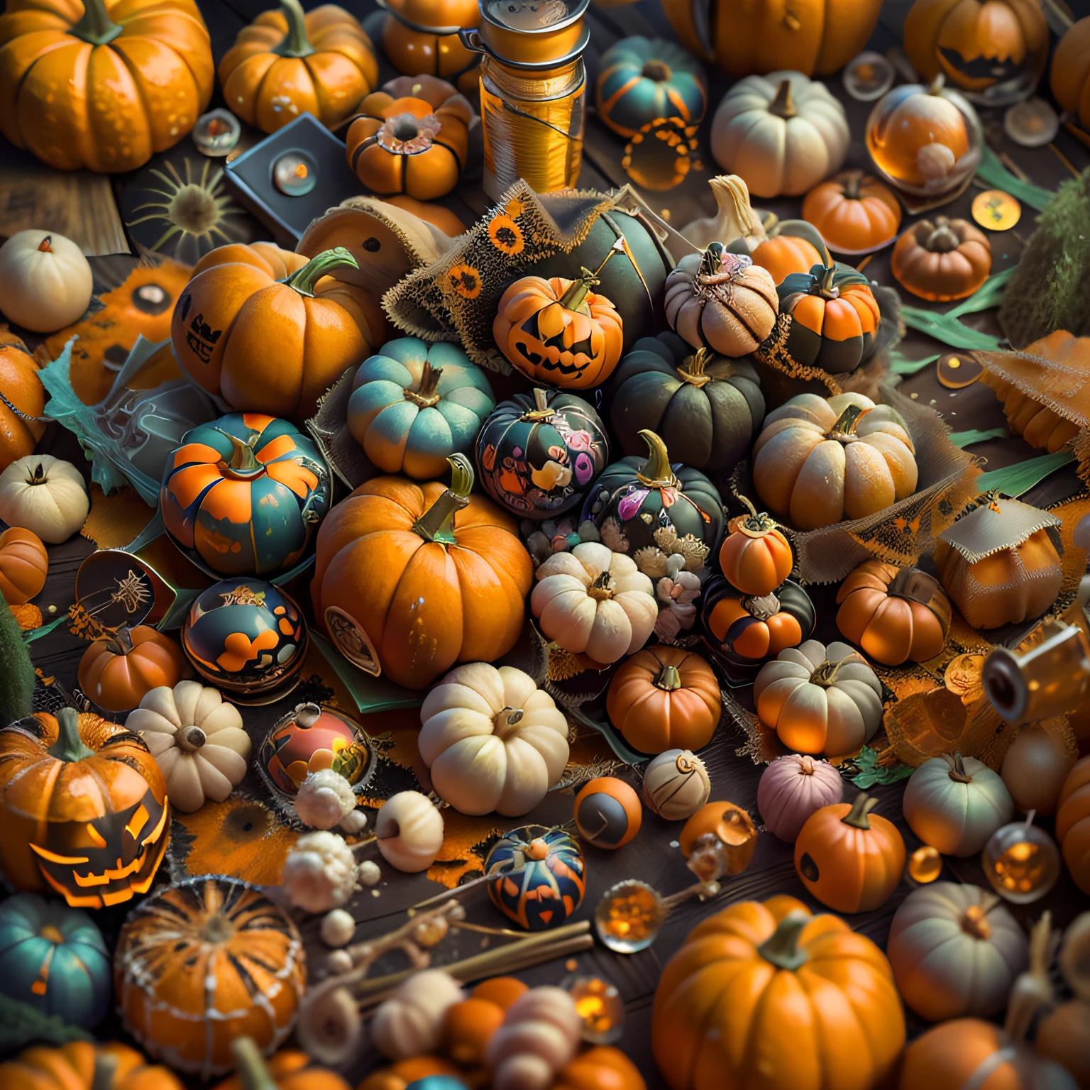 dreamcore sewing and pumpkins halloween trick or treat and candy, amazing photography, hyper realistic oil painting, hyper realistic color photo, ultrarealistic oil painting, realistic colorful photography, hyper - realistic oil painting, hyper-realistic oil painting, beautiful 3d render, hyperrealistic digital painting