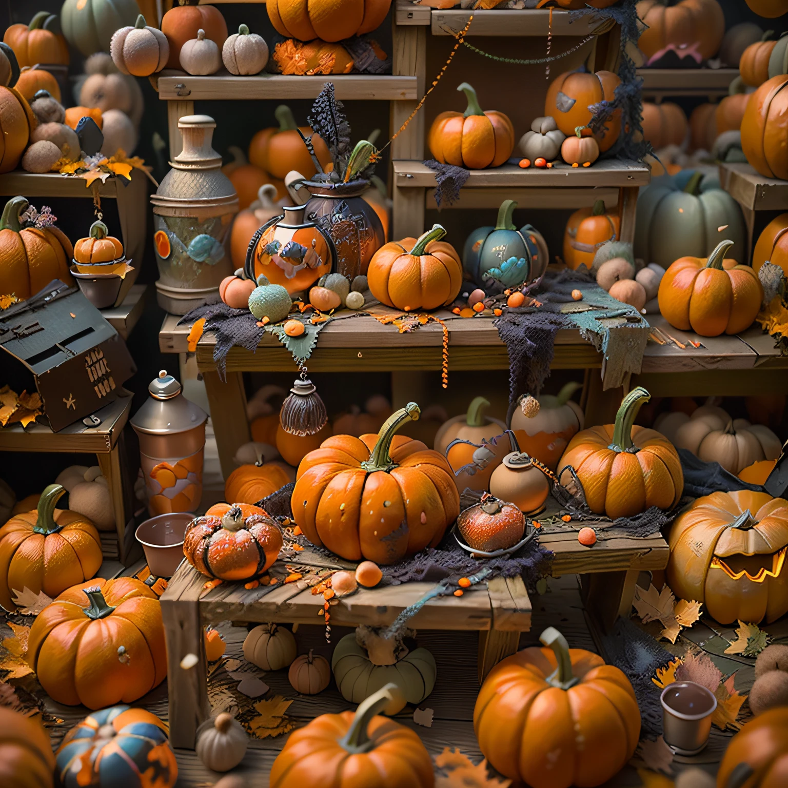 dreamcore sewing and pumpkins halloween trick or treat and candy, amazing photography, hyper realistic oil painting, hyper realistic color photo, ultrarealistic oil painting, realistic colorful photography, hyper - realistic oil painting, hyper-realistic oil painting, beautiful 3d render, hyperrealistic digital painting