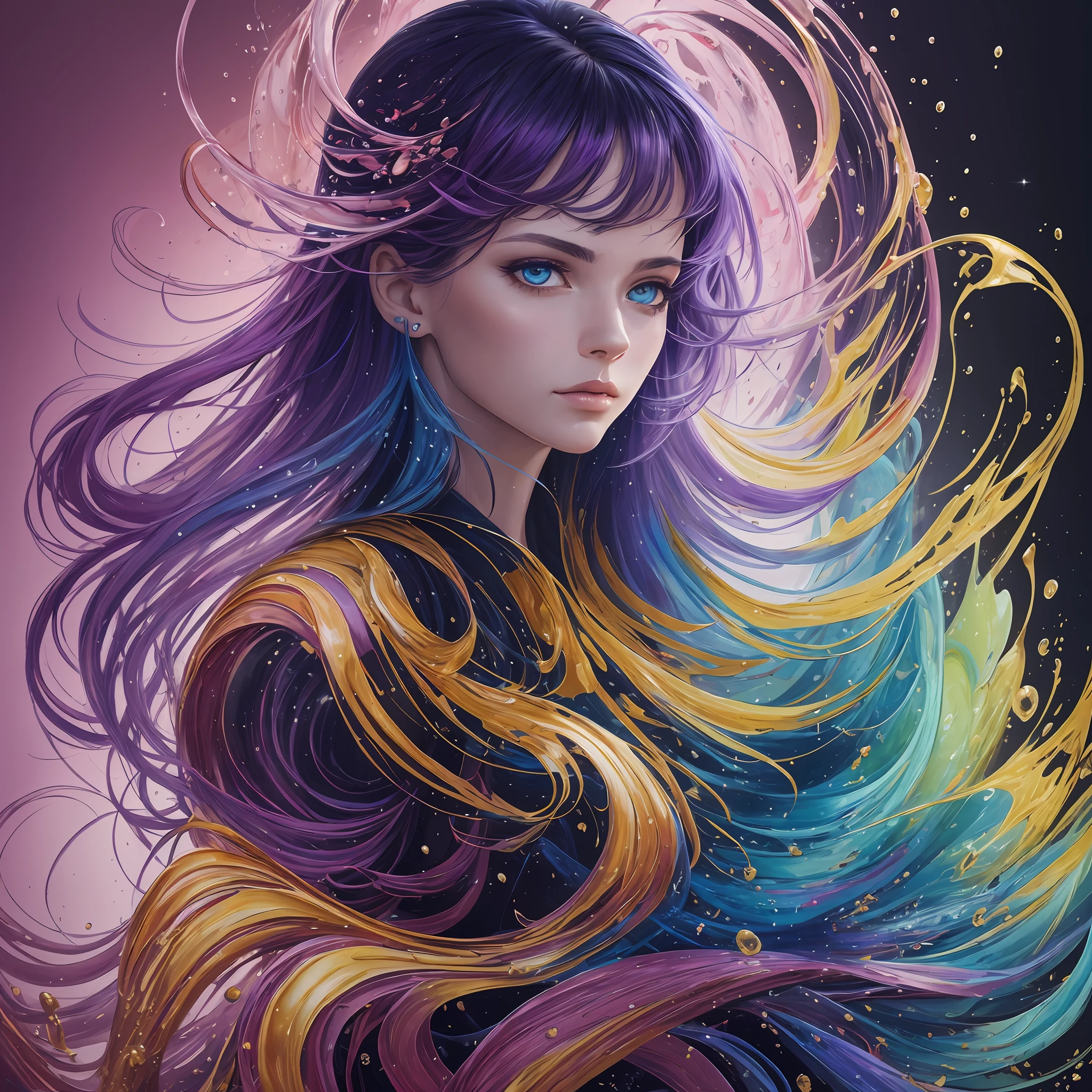 Colorful beautiful woman: a woman 18-years old, messy hair, oil painting, nice perfect face with soft skinice perfect face, blue yellow colors, light purple and violet additions, light red additions, intricate detail, splash screen, 8k resolution, masterpiece, cute face,artstation digital painting smooth veryBlack ink flow: 8k resolution photorealistic masterpiece: intricately detailed fluid gouache painting: by Jean Baptiste Mongue: calligraphy: acrylic: watercolor art, professional photography, natural lighting, volumetric lighting maximalist photoillustration: by marton bobzert:, complex, elegant, expansive, fantastical --auto --s2