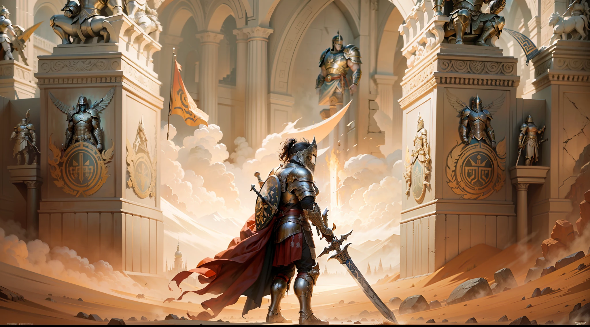 there is a painting of a man in armor with a sword, spartan warrior, ancient warrior, spartan, les edwards poster art, dressed in spartan armour, epic graphic novel wallpaper, ares with heavy armor and sword, greek myth digital painting, leading spartans into battle, fantasy epic digital art, by Krzysztof Boguszewski, ancient soldier