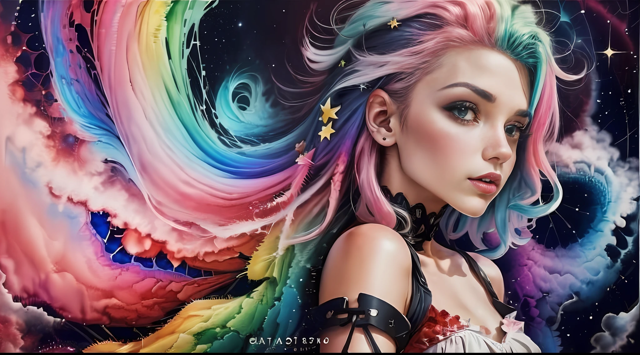 (masterpiece, top quality, best quality,watercolor (medium),official art, beautiful and aesthetic:1.2),(1girl:1.3), (fractal art:1.3),upper body, from side, looking at viewer,patterns,(rainbow color Hair,colorful hair,half blue and half pink hair:1.2),water,liquid, cloud,colorful, starry,stars,