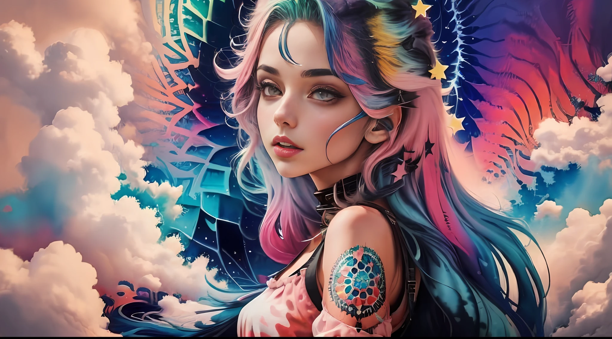 (masterpiece, top quality, best quality,watercolor (medium),official art, beautiful and aesthetic:1.2),(1girl:1.3), (fractal art:1.3),upper body, from side, looking at viewer,patterns,(rainbow color Hair,colorful hair,half blue and half pink hair:1.2),water,liquid, cloud,colorful, starry,stars,