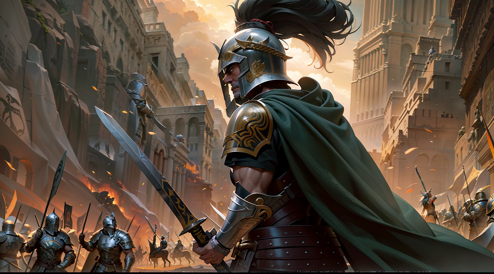 there is a painting of a man in armor with a sword, spartan warrior, ancient warrior, spartan, les edwards poster art, dressed in spartan armour, epic graphic novel wallpaper, ares with heavy armor and sword, greek myth digital painting, leading spartans into battle, fantasy epic digital art, by Krzysztof Boguszewski, ancient soldier