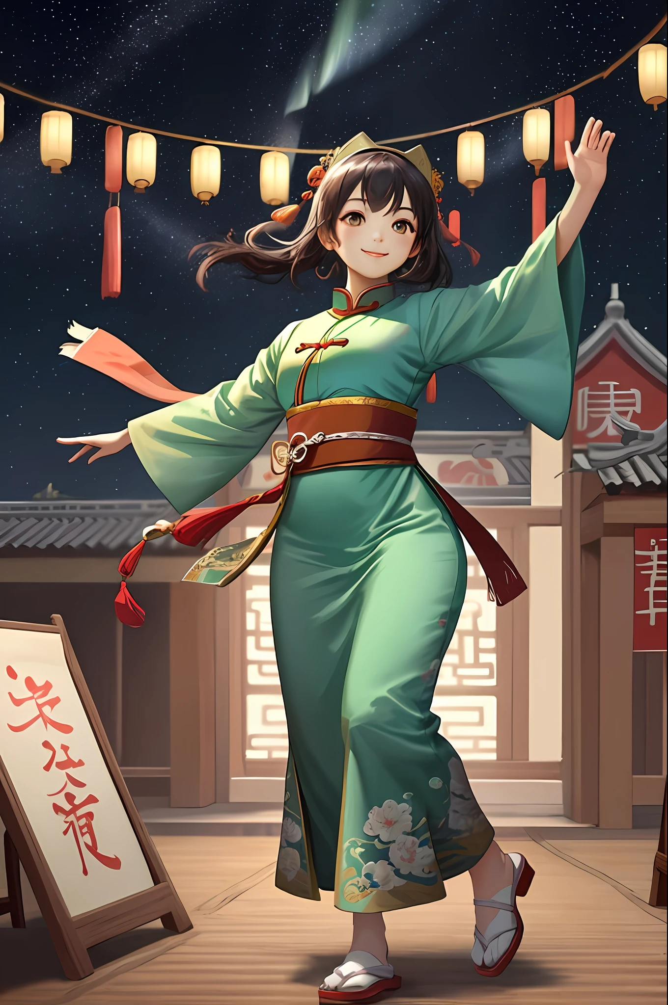 1girl, Chinese traditional painting style, Tang Dynasty painting style, Fisheyes, masterpieces, top quality, best quality, official art, beautiful and aesthetic, animation, 8k raw,minimalism, simple background, dancing in the sky, dunhuang,
yang08k,chibi, photography, realistic, smiling, colorful,starry sky, milk way, firework,lovestar,cat,aurora,festival,