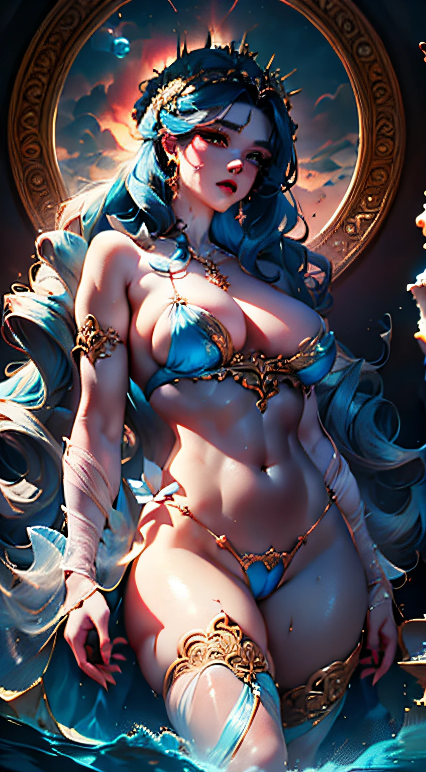 Masterpiece, top quality, best quality), (((Beautiful anime style girl,))), 20 years old, oversize model, ((((Super huge breasts))), (((Blue wavy hair))), Extreme detail, Colorful, Glowism, Poseidon theme, Art concept art by Kahngriffith and Vadim Kashin, ethereal, standing, perfect, pure form, golden ratio, by Brian Froud, Carne Griffiths, Wadim Kashin and John William Waterhouse,full body, masterpiece, best quality, (extremely detailed unity 8k CG wallpaper), (best quality), (best illustration), (best shadow), absurdities, realistic lighting, night, darkness, giant, Goddess, Ancient Goddess, Aphrodite, deity, glorious pose, night, moon, beautiful detailed brightness, luminous background glow,A masterpiece ultrarealistic ultra detailed full body portrait of a very beautiful Barbarian girl, massurrealism. medium shot, intricate, elegant, sexy, revealing, by stanley artgerm lau, wlop, rossdraws, james jean, andrei riabovitchev, marc simonetti, light by julie bell, ismail inceoglu, porcelain skin. global illuminatio,transparent clothes,open pants buttons showing pubic hair, perfect vaginal shape,small breasts, small breasts, peeping pink peeps,(masterpiece), floating vintage clock, exposed small breasts, visible pubic hair, view from below, floating antique clock, cloudy night sky storm, sunset red clouds storm cloudy, rough sea, psychedelic waves, skin and clothes wet with water, drops of water, floating bubbles, magical lights,face by tom bagshaw art station,, Moon Goddess, Full Length Figure, Contemptuous Gaze, Detailed Face, (Naked: 1.4), (See-Through Lingerie: 1.3),Transparent clothing, slight smile,Jean-Baptiste Monge style, bright, beautiful , splash, Glittering , cute and adorable, filigree, , rim lighting, lights, extremely , magic, surreal, fantasy, digital art, , wlop, artgerm,perfect female body close-up, full body, visible vaginal hair, pink pesones, transparent clothes