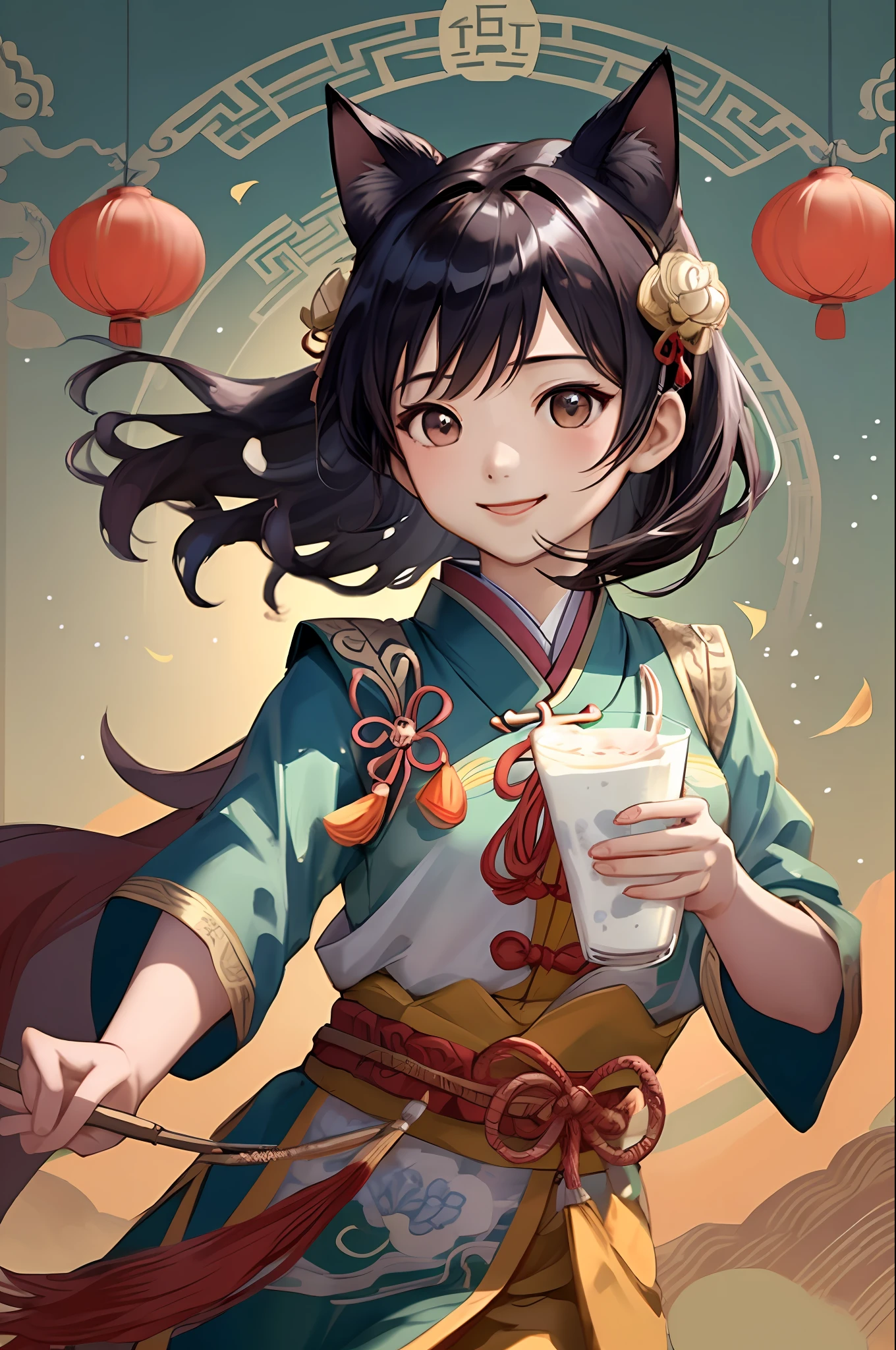 1girl, Chinese traditional painting style, Tang Dynasty painting style, Fisheyes, masterpieces, top quality, best quality, official art, beautiful and aesthetic, animation, 8k raw,minimalism, simple background, dancing in the sky, dunhuang,
yang08k,chibi, photography, realistic, smiling, colorful,starry sky, milk way, firework,lovestar,cat,aurora,festival,