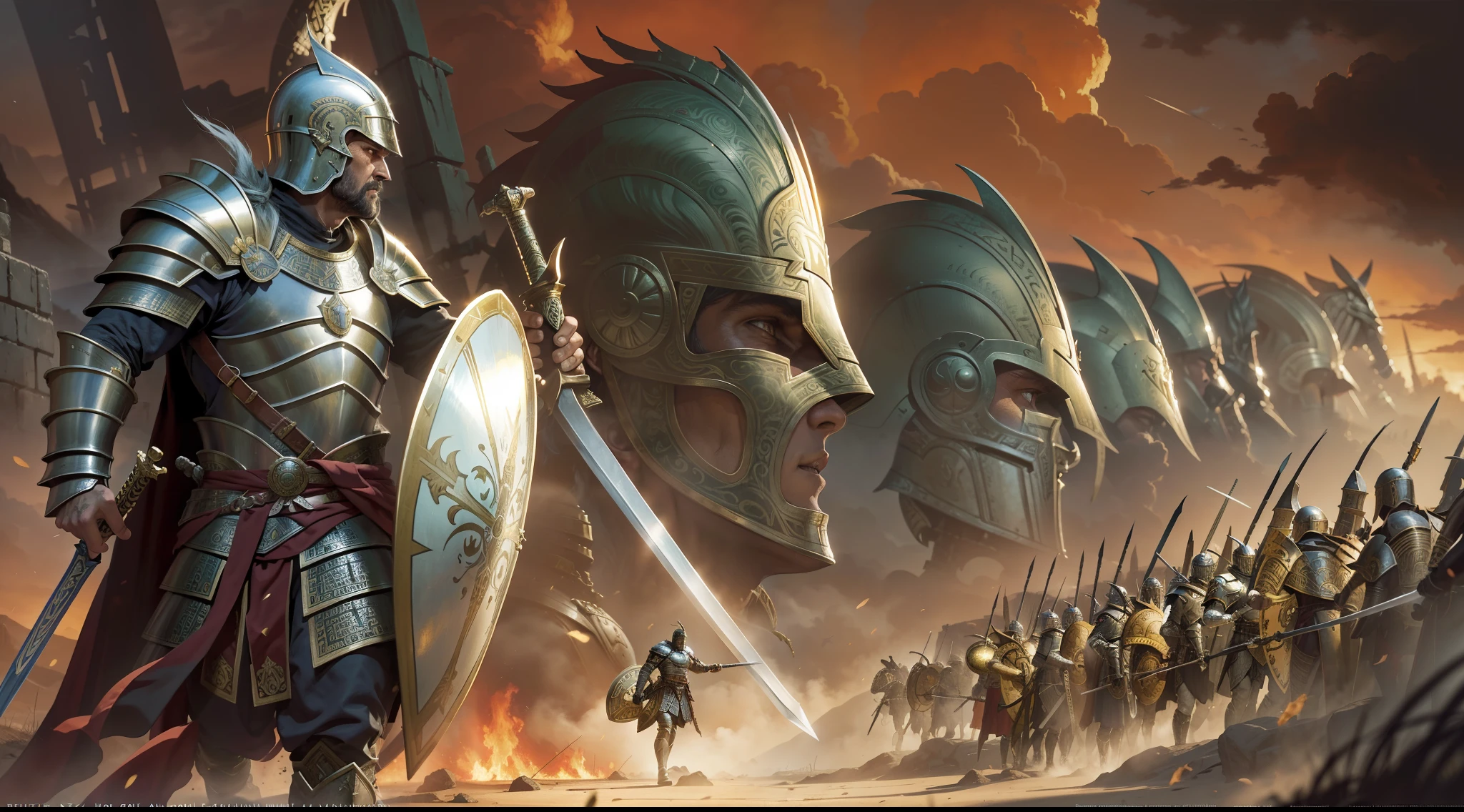 there is a painting of a man in armor with a sword, spartan warrior, ancient warrior, spartan, les edwards poster art, dressed in spartan armour, epic graphic novel wallpaper, ares with heavy armor and sword, greek myth digital painting, leading spartans into battle, fantasy epic digital art, by Krzysztof Boguszewski, ancient soldier