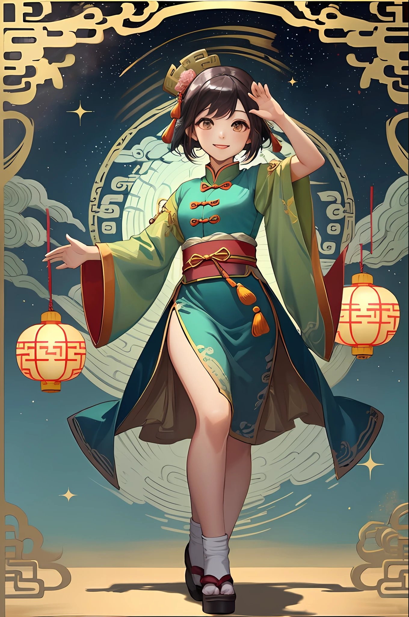 1girl, Chinese traditional painting style, Tang Dynasty painting style, Fisheyes, masterpieces, top quality, best quality, official art, beautiful and aesthetic, animation, 8k raw,minimalism,  simple background,  dancing in the sky, dunhuang,
yang08k,chibi, photography, realistic, smiling, colorful,starry sky, milk way, firework,lovestar,cat,aurora,festival,
