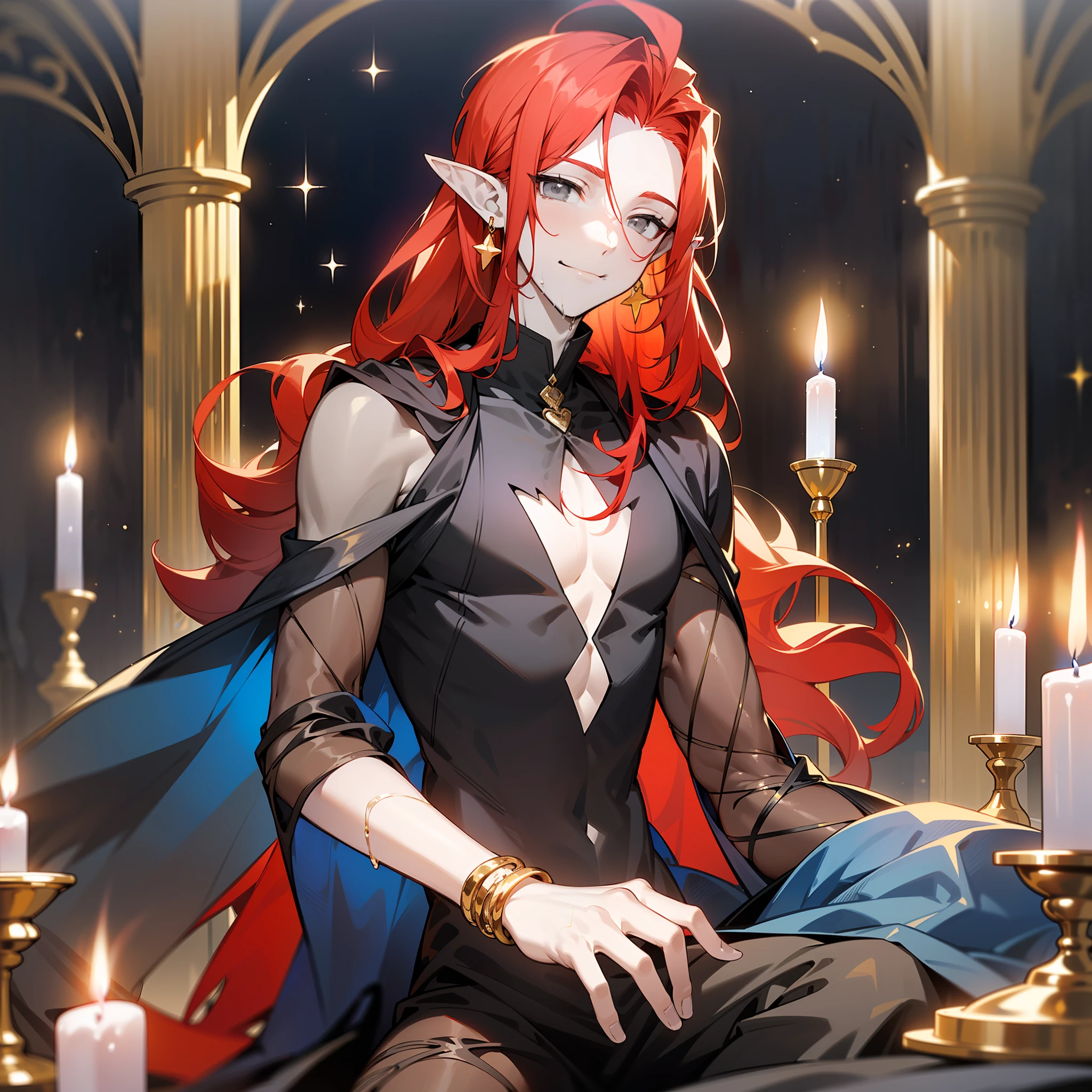young man, (((male))), (((man))), (((one person))), single, solo, (((very pale skin))), ((pale skin)), (((red hair))), ((red colored hair)), (((grey colored eyes))), long hair, (((slim body))), slender body, (((flat chest))), (((fantasy style))), (((wearing only a loose piece of fabric))), (((body covered in loose transparent fabric))), ((black colored fabric)), (((transparent fabric))), (((indigo colored fabric))), (wet fabric), (golden details), ((wearing golden accessories in his hair)), ((golden jewellery)), ((pointy ears)), (((grey eyes))), smooth skin, stars ornaments on the ground, star decoration, ((male face)), smiling, lake in the background, fantasy town in the far distance, nighttime, candles on the ground
