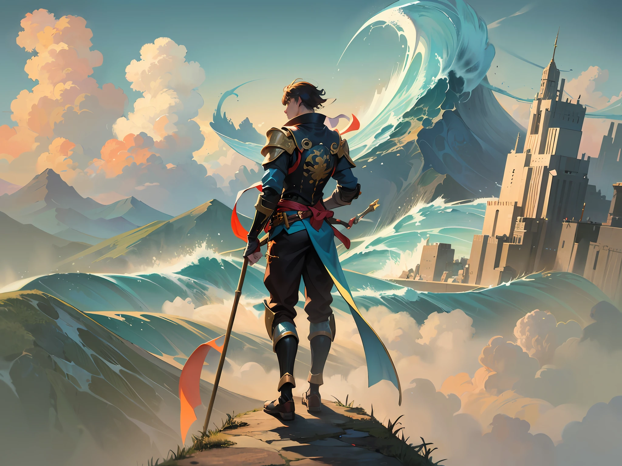 A man standing on a tsunami with a bamboo stick on his feet and looking at the city in the distance, a detailed painting by Ross Tran, featured in pixiv, fantasy art, official art, artstation hd, anime aesthetics --auto --s2
