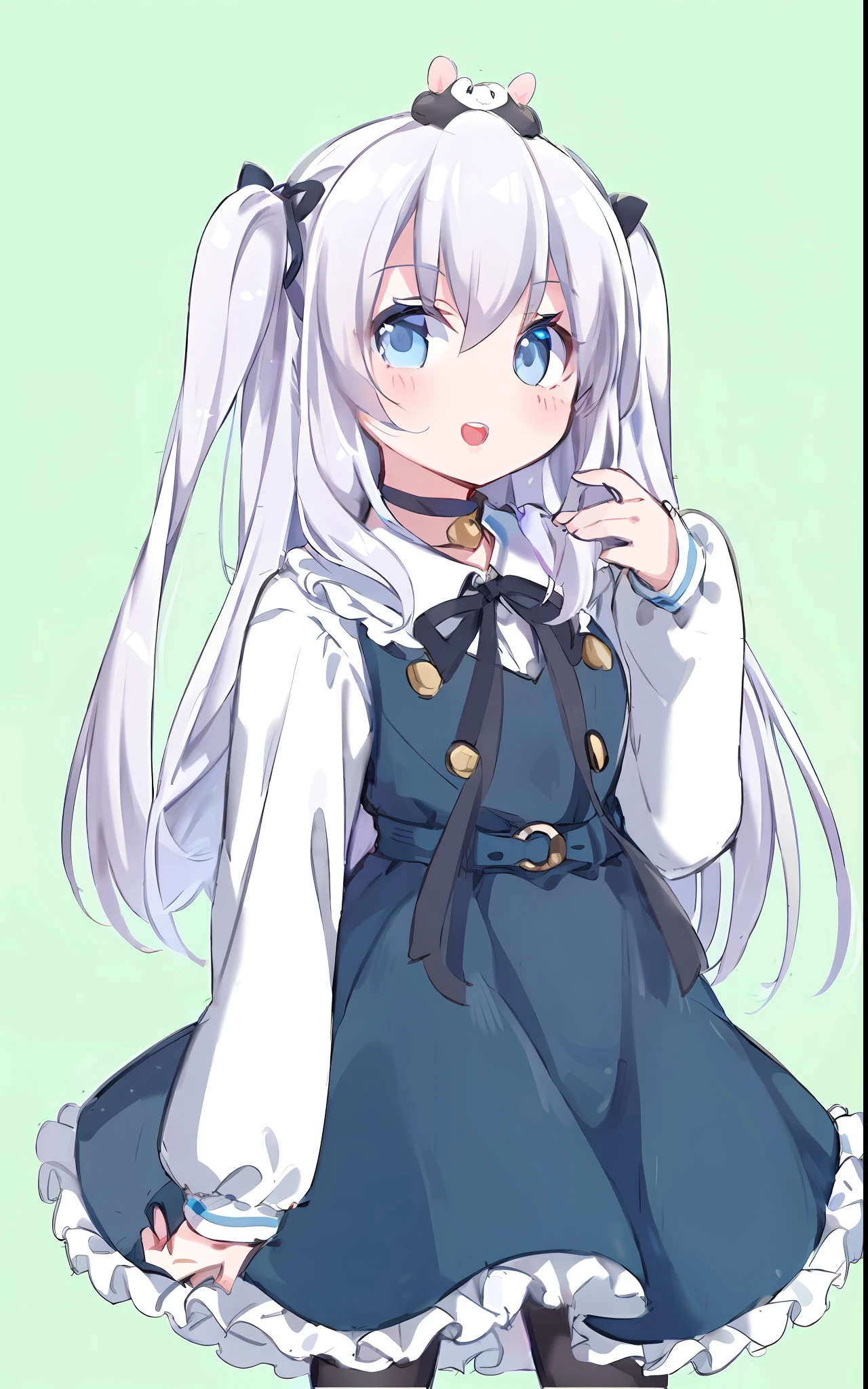 1 girl in、(High resolution of the highest quality)、((masterpiece best quality:1.2))、Long silver hair、Half Twin、Blue eyes、Black ribbon、(Landmines are women)、white  shirt、the sleeves are fluffy、colorful backdrop、Stuffed rabbit、plushies、plushies、elementary student、(full bodyesbian)、Lori、Chiquita、Looking at the camera、Smile with open mouth、It is drawn from head to thigh、[[Bad face]], [[Fused fingers]]