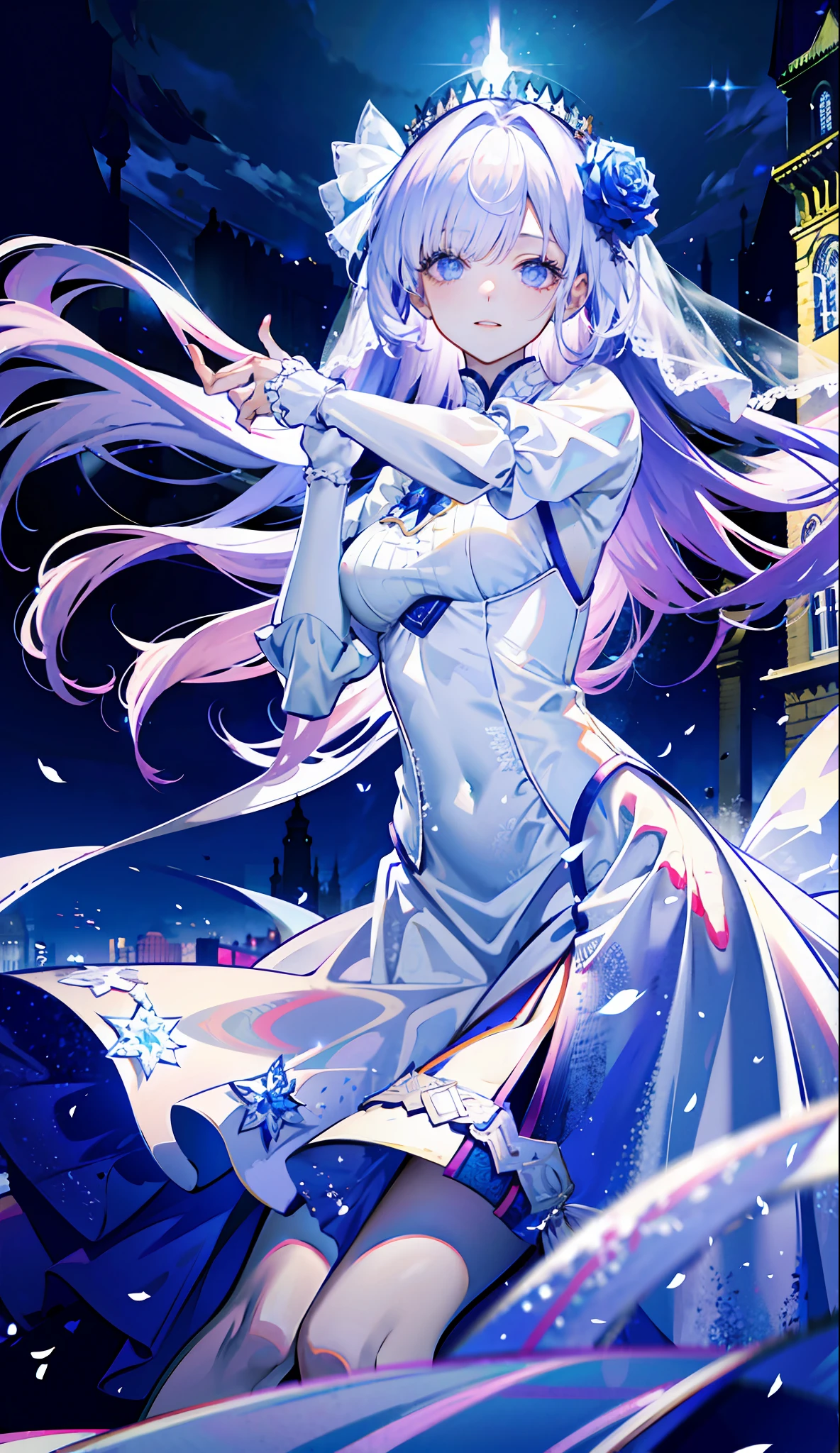 8k wallpaper,detailedbackground,Highest high resolution,silber hair,Bandeau wedding dress,white wedding gown,tight-fitting,Castle background,A princess,rosette,rays of moonlight,Hair covers one eye