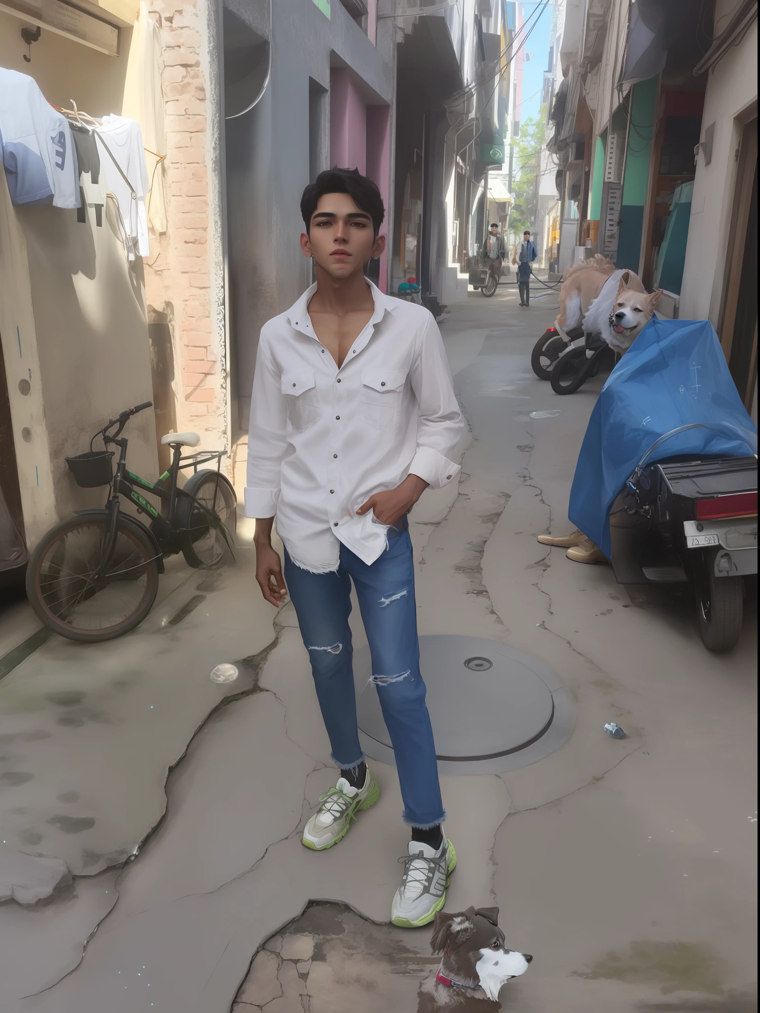 Handsome boy, dog, background planet, fashion, science