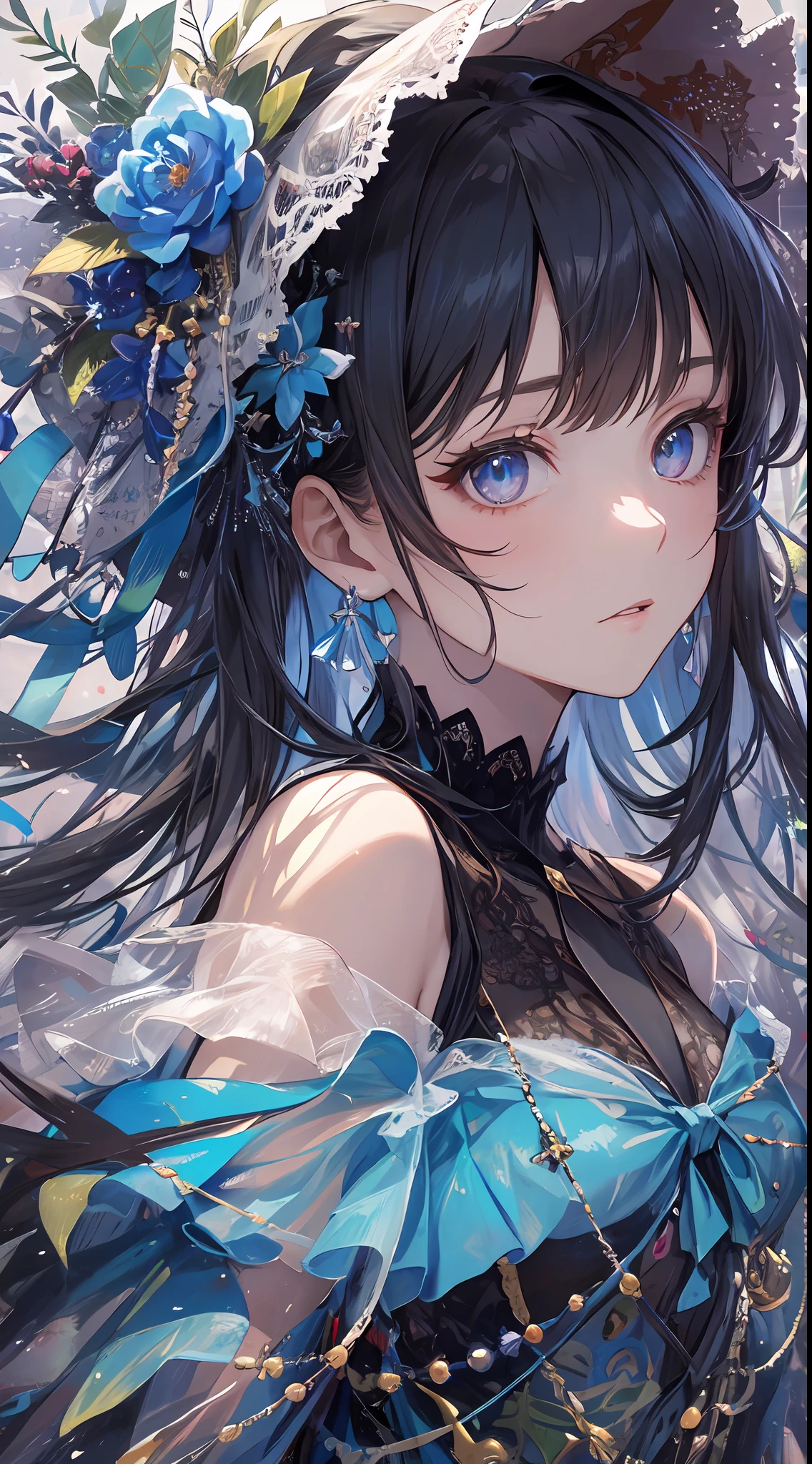 Focus on the person. We create and express the best shining composition of the person. ((Masterpiece)), (((highest quality)))), ((Ultra detail)), (Ultra realistic), (Very detailed CG illustration), (Very delicate and beautiful), Best masterpiece of beautiful girl, highest quality, realistic skin, realistic fabric, realist illustration focusing on girls with realistic textures, Japan people, realistic and ultra-detailed eyes focusing on the center front. This is the absolute rule, and the following sentence expresses the image quality. It is the greatest masterpiece in the history of the class of Inuitsuki Ichigo, in which the owner of the greatest painting talent in human history met an unparalleled beauty and risked his life to depict the most beautiful figure. Create stunning anime artwork that is currently trending on seaStation, showcasing exquisite beauty and captivating aesthetics. "What unfolds in front of me is a beautiful girl wearing Gothic ta fashion. Her presence is overwhelming, her vision surpasses that of her predecessor, and she is exquisitely frightened at the hands of a hyperrealist artist.

The characteristic figure of the beautiful is attracting more attention by Gothic Loliashion. Her black dress is designed with attention to detail and decorated with luxurious lace and ribbons. It is long enough to touch the floor and has fine rose embroidery on the hem.

On her chest, a pure white chiffon blouse is visible, and an elegant high-neck design emphasizes her delicacy. The sleeves of its blouse are proceeding to wrap around the arms, the edges of which are delicately finished with lace and ribbons.

On her head is a black lace bonnet, the edges of which are studded with fine pearls. The elegant decoration beautifully frames her expression.

In her hand she has a black parasol decorated with lace, the elegant design of which accentuates her femininity. and has been changed to a fantastic existence.

Her face is even more beautiful with a blac
