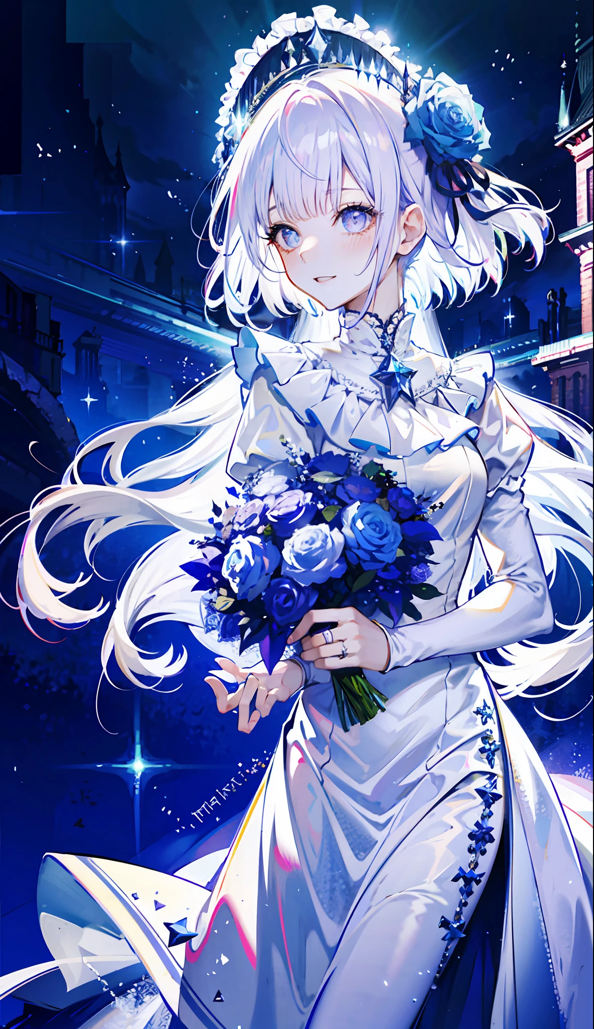 8k wallpaper，detailedbackground，Highest high resolution，silber hair，Bandeau wedding dress，white wedding gown，tight-fitting，Castle background，A princess，rosette，rays of moonlight，Hair covers one eye