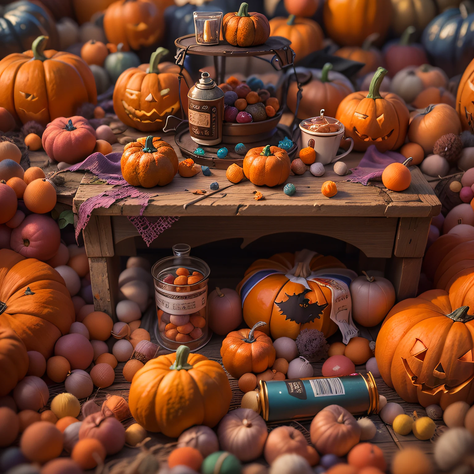dreamcore sewing and pumpkins halloween trick or treat and candy, amazing photography, hyper realistic oil painting, hyper realistic color photo, ultrarealistic oil painting, realistic colorful photography, hyper - realistic oil painting, hyper-realistic oil painting, beautiful 3d render, hyperrealistic digital painting