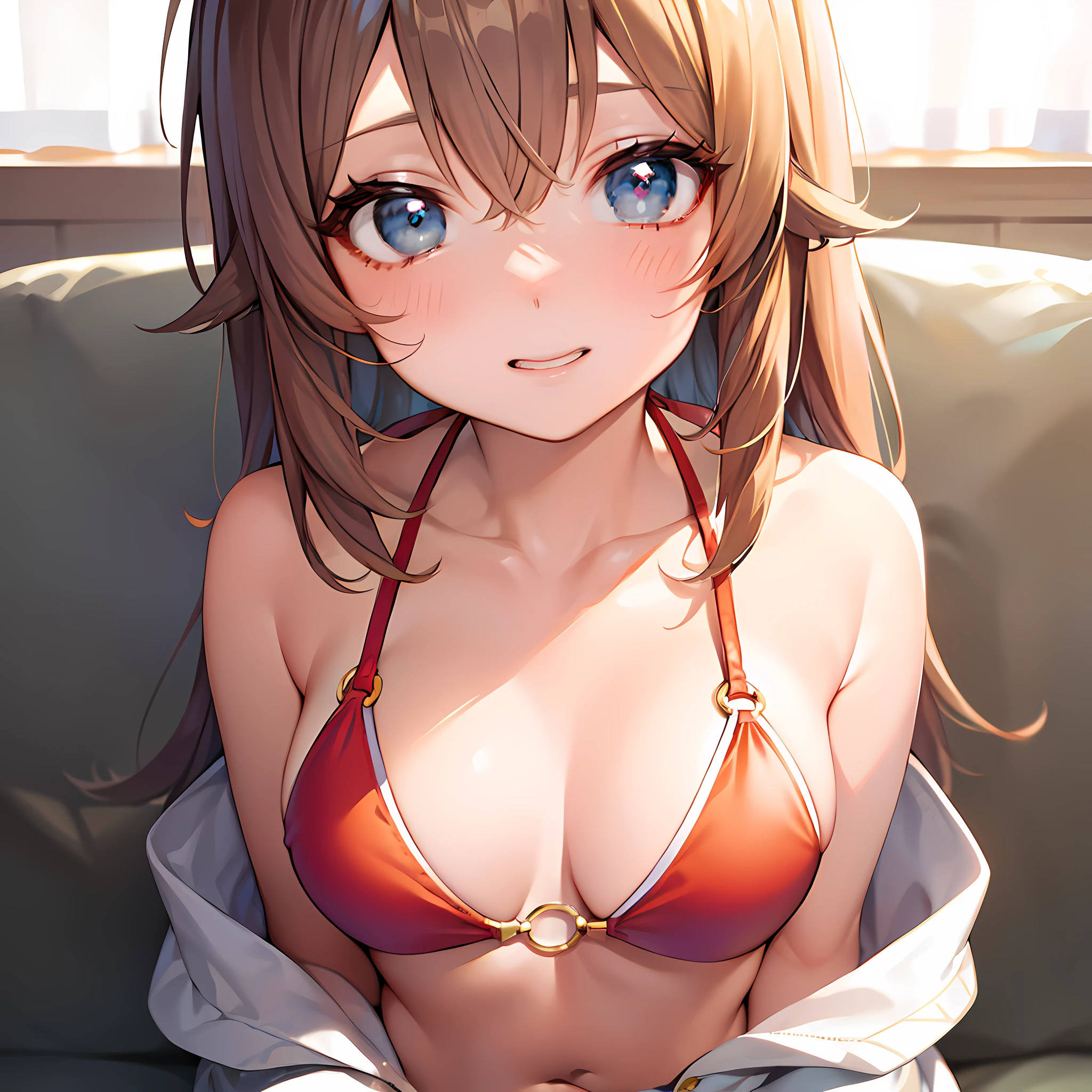(masterpiece), best quality, expressive eyes, perfect face, Bikini, o-ring, very cute girl, cozy anime, stitched face, (very shy:1.2), , Cover breasts, ((see-enough:1.2))