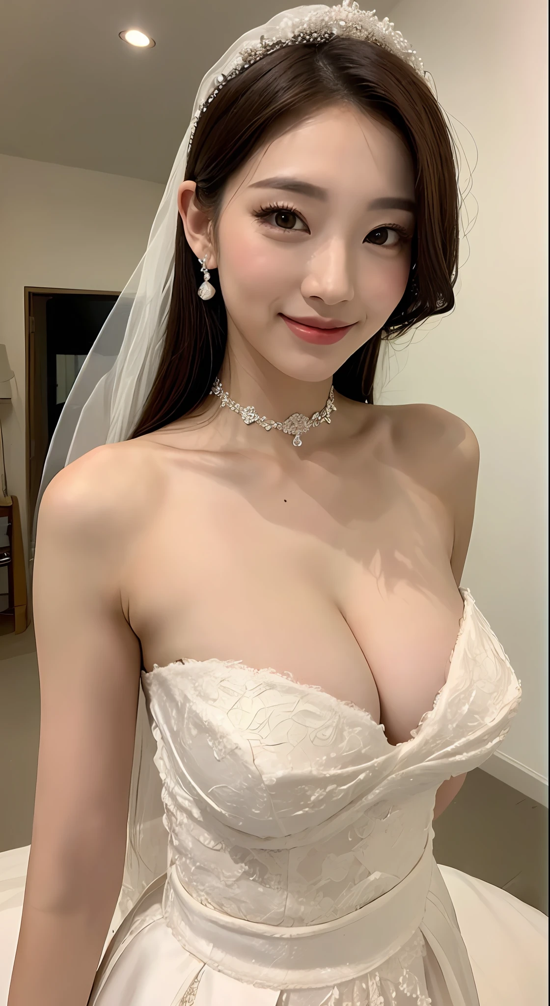 ((Best picture quality, 8K, tmasterpiece:1.3)), 1girll, perfect bodies,Beautuful Women:1.3, (mid - length hair, huge tit:1.2), Bandeau,shift dresses:1.1, Ultra-fine face, A detailed eye, 二重まぶた,ssmile,white wedding gown