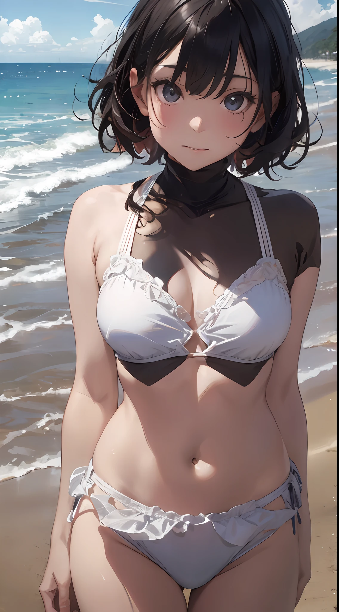 Antonio Lopez、Chuck Close、Ron Mueck、Richard Estes、Inspired by Marilyn Minter's technique、Surreal portrait of Japan middle school student wearing white off-the-shoulder bikini on the beach in Palau。