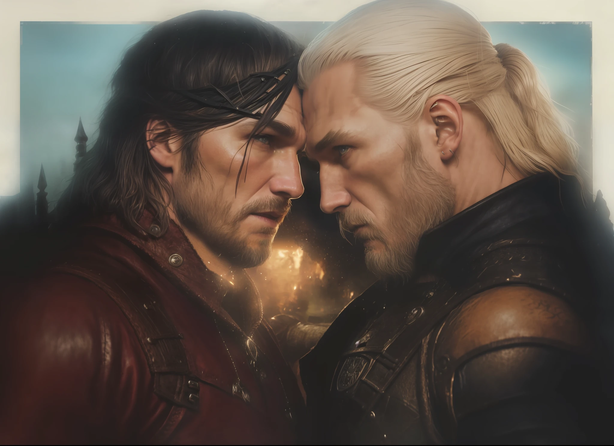 Actors Clive Standen and Travis Fimmel as Witchers kissing each other, the witcher concept art, epic portrait of menacing, character portrait art, painted character portrait, detailed character portrait, character art portrait, fantasy genre portrait, fantasy character portrait, character - portrait, epic character portrait, rpg portrait concept art, The witcher 3, realistically, dynamic lights, old, full footage, (extremely detailed 8k wallpaper of CG unit), trend in ArtStation, trend in CGSociety, high detail, sharp focus, dramatic, photorealistic